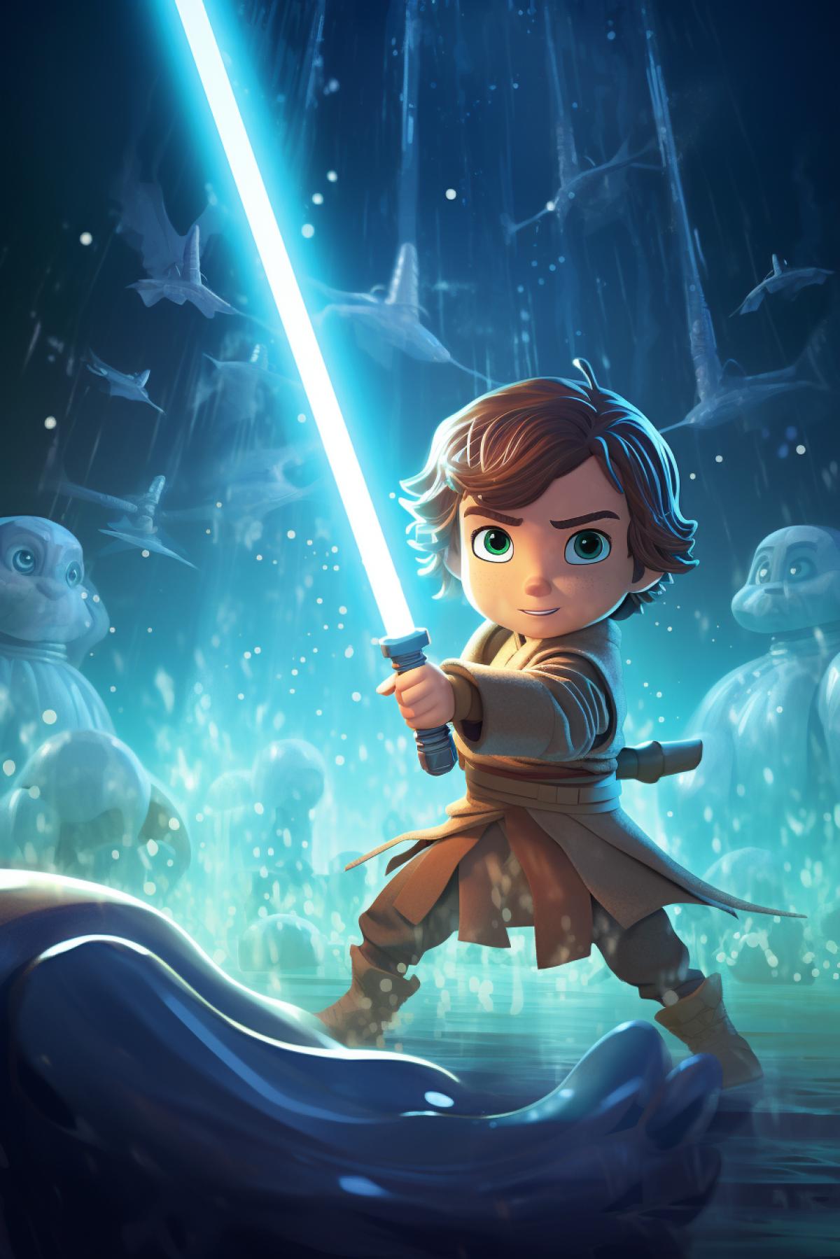 Jedi fighting sith with lightsabers Pixar Disney 3D illustration