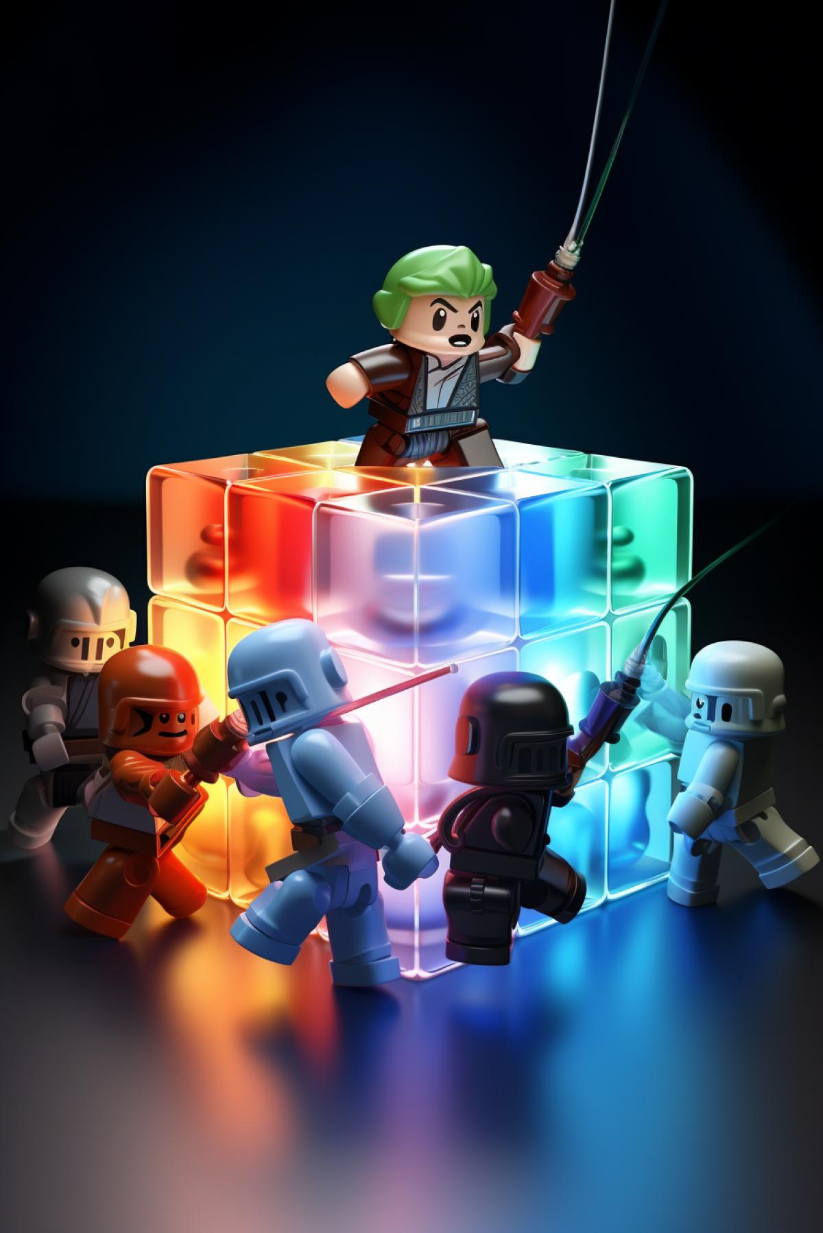 Jedi fighting against sith with lightsabers Pixar Disney 3D illustration printed upon magic toy cube