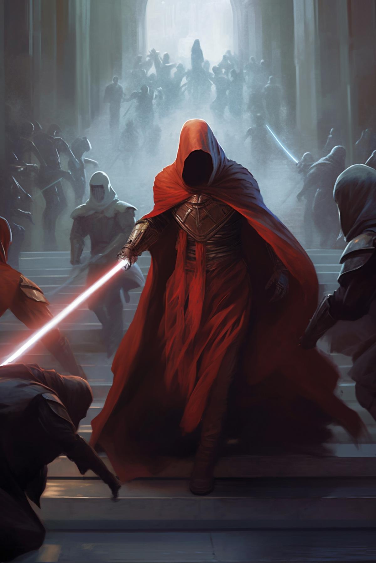A Sith with a scarlet lightsaber in a dark robe with a mask, cloak and hood fights against a gray Jedi with a gray lightsaber in a beige robe. They fight on the ledge. In the background, Old Republic soldiers battle Sith troopers.