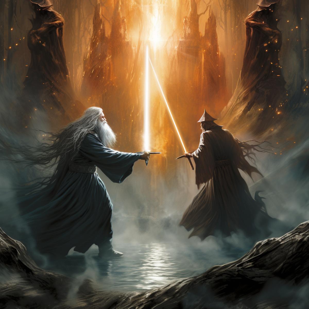 Epic lightsaber battle between Gandalf and Sauron, surrounded by a fantastic forest, magical, fantasy, atmospheric, realistic