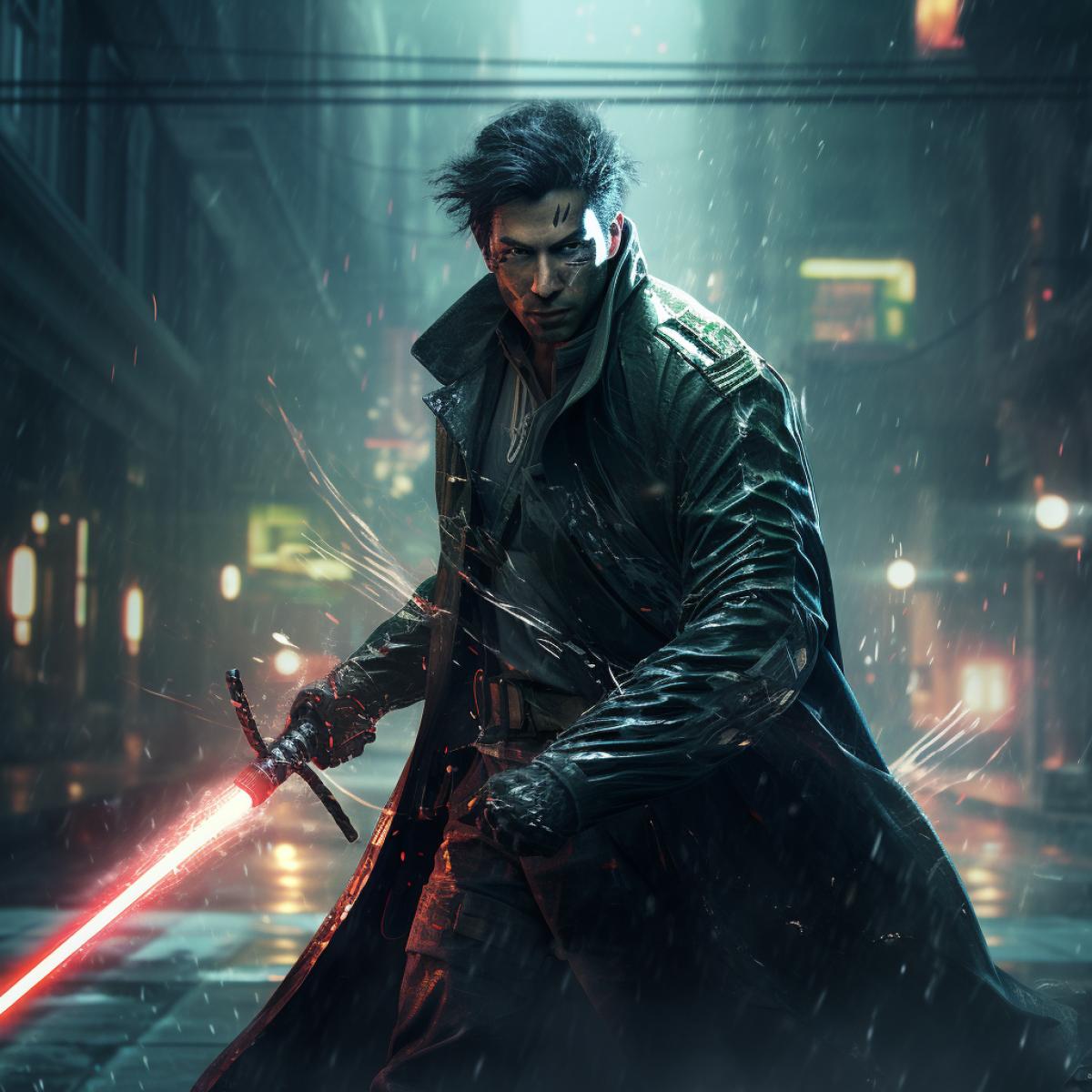 Neo fights holding a lightsaber, cyberpunk, matrix, atmospheric