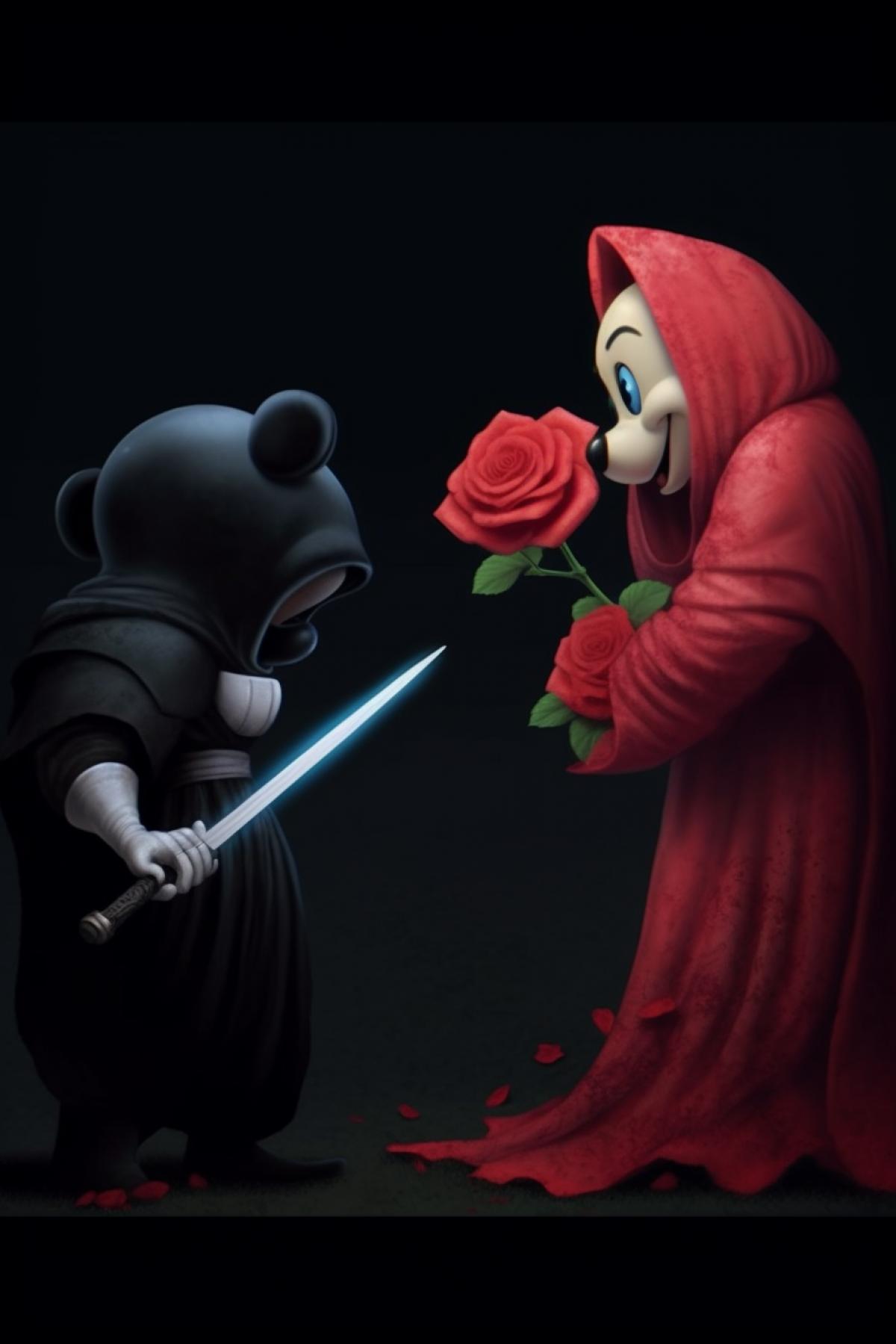 Death and life fight with lightsabers, pixar gothic baroque style