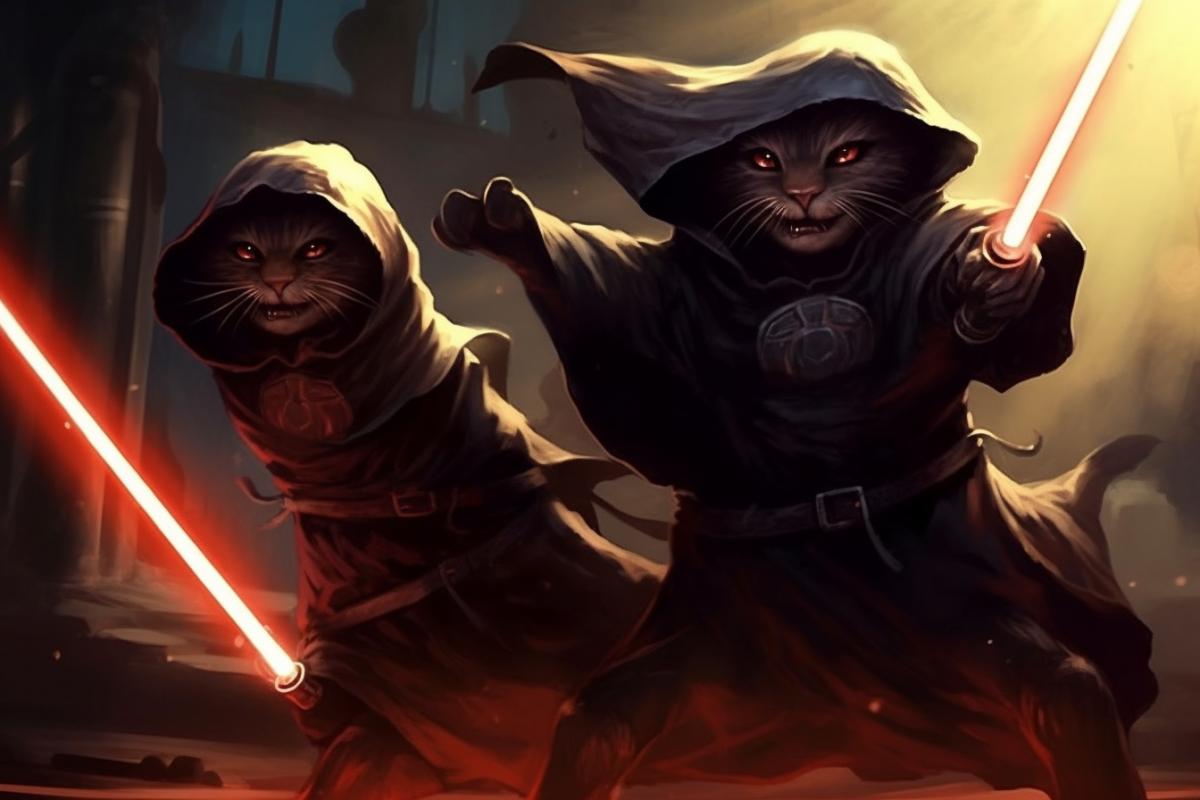 ferocious anthropomorphic cats on their hind legs in dark robes, fighting with lightsabers