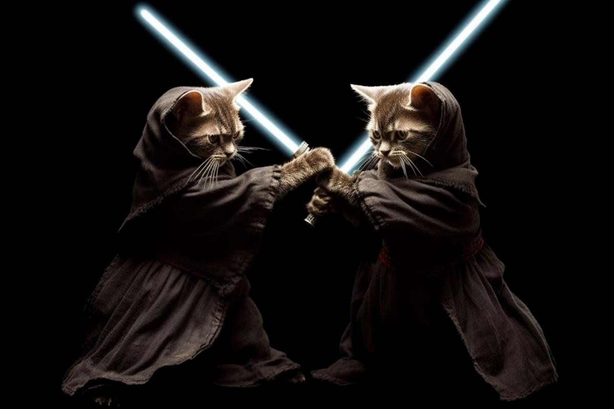ferocious anthropomorphic cats on their hind legs in dark robes, fighting with lightsabers