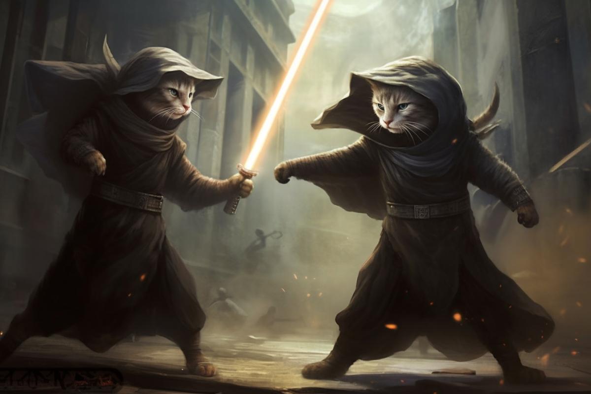 ferocious anthropomorphic cats on their hind legs in dark robes, fighting with lightsabers