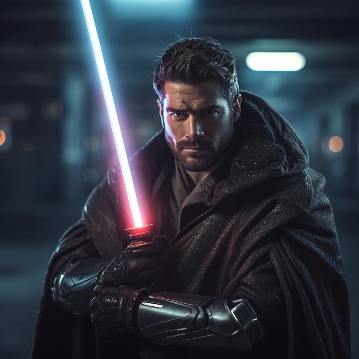 A handsome man in cyberpunk style armor fights with a lightsaber, realistic photo, high detail, cyberpunk, mystic