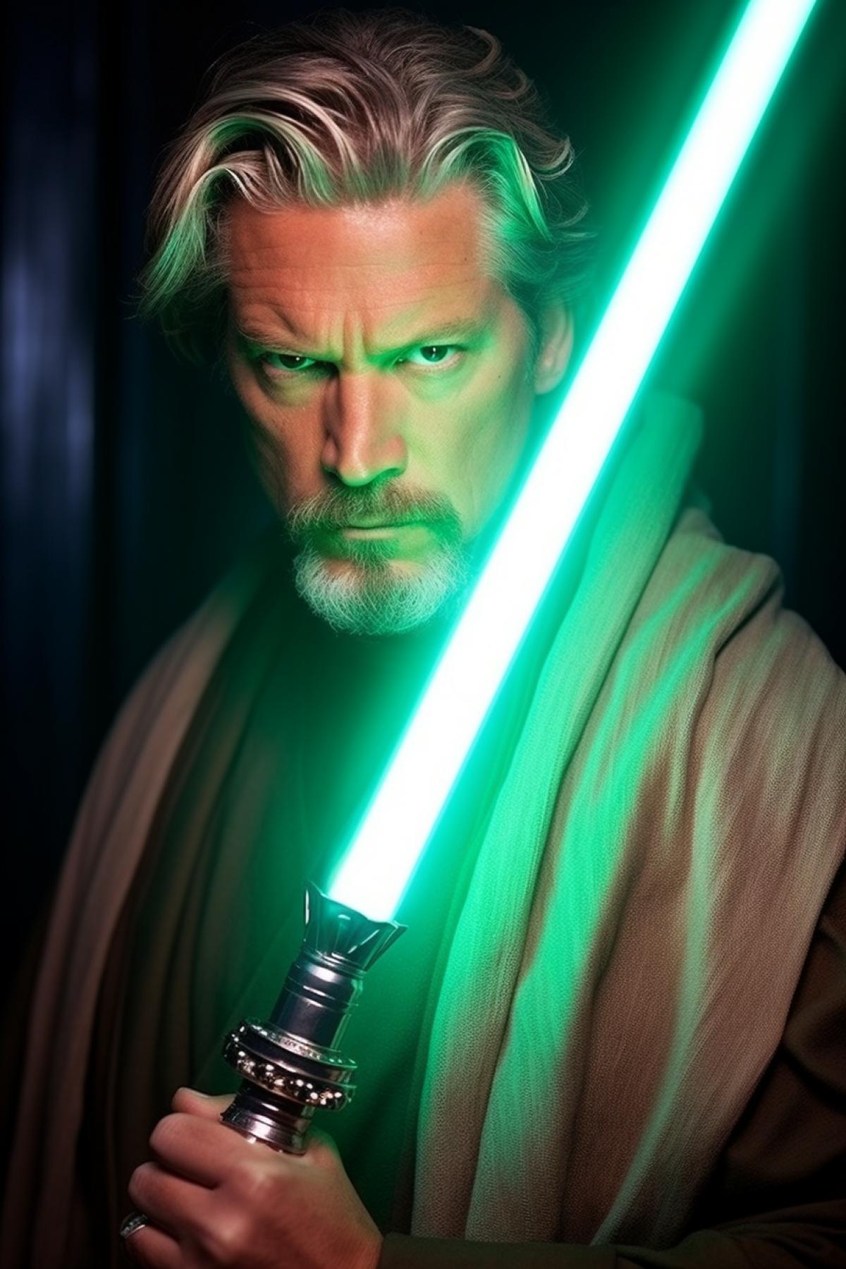 Fearless handsome 50-year-old Jedi drastic face with light saber in hand fill height amber and emerald palette shine gloss jewelry photo