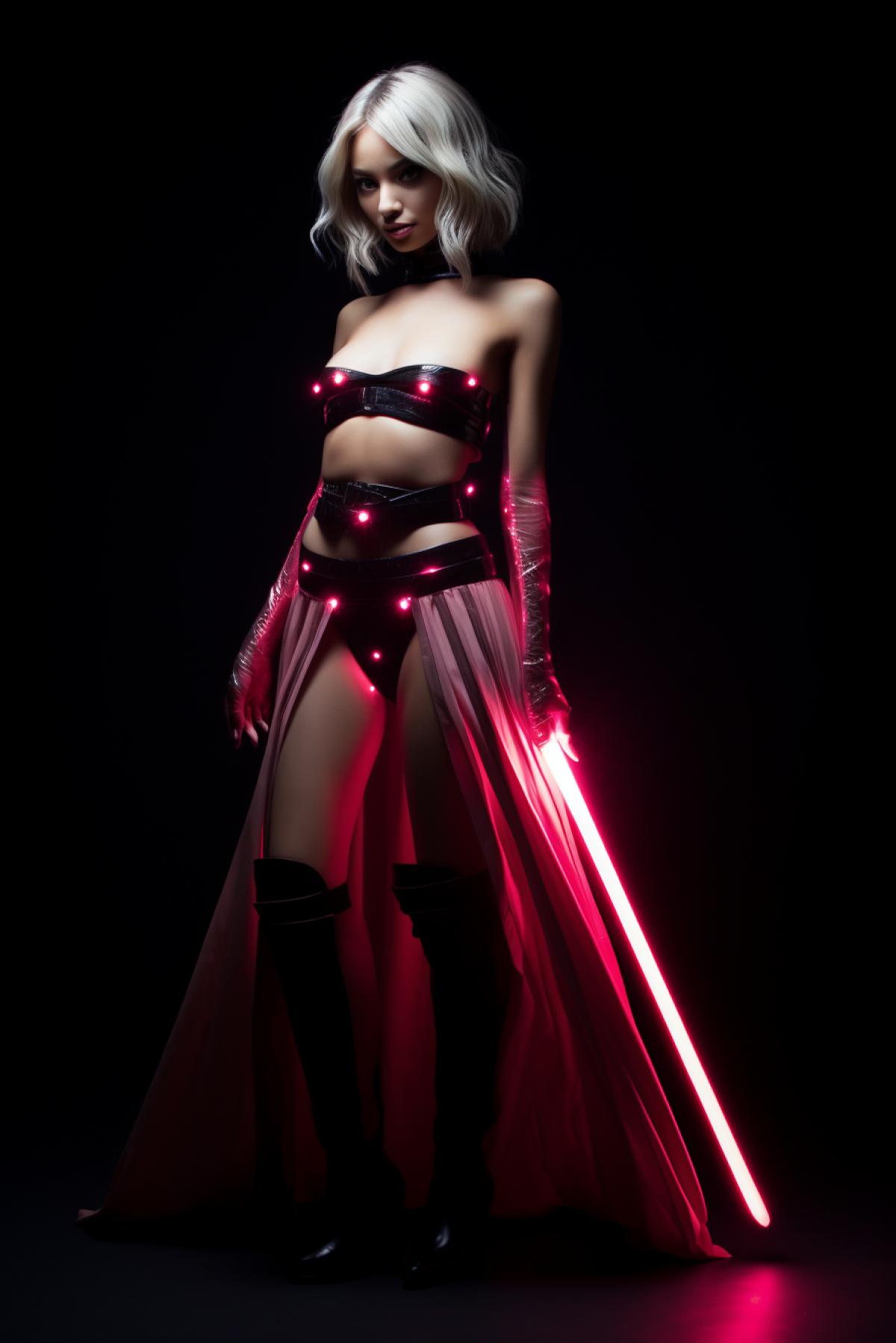 Gorgeous girl Jedi with light saber with illuminated subcutaneous biomorphic ports, full height high heels dark cherry-scarlet, eye shadow, fashionable cyber-goth style photography, ethereal lighting