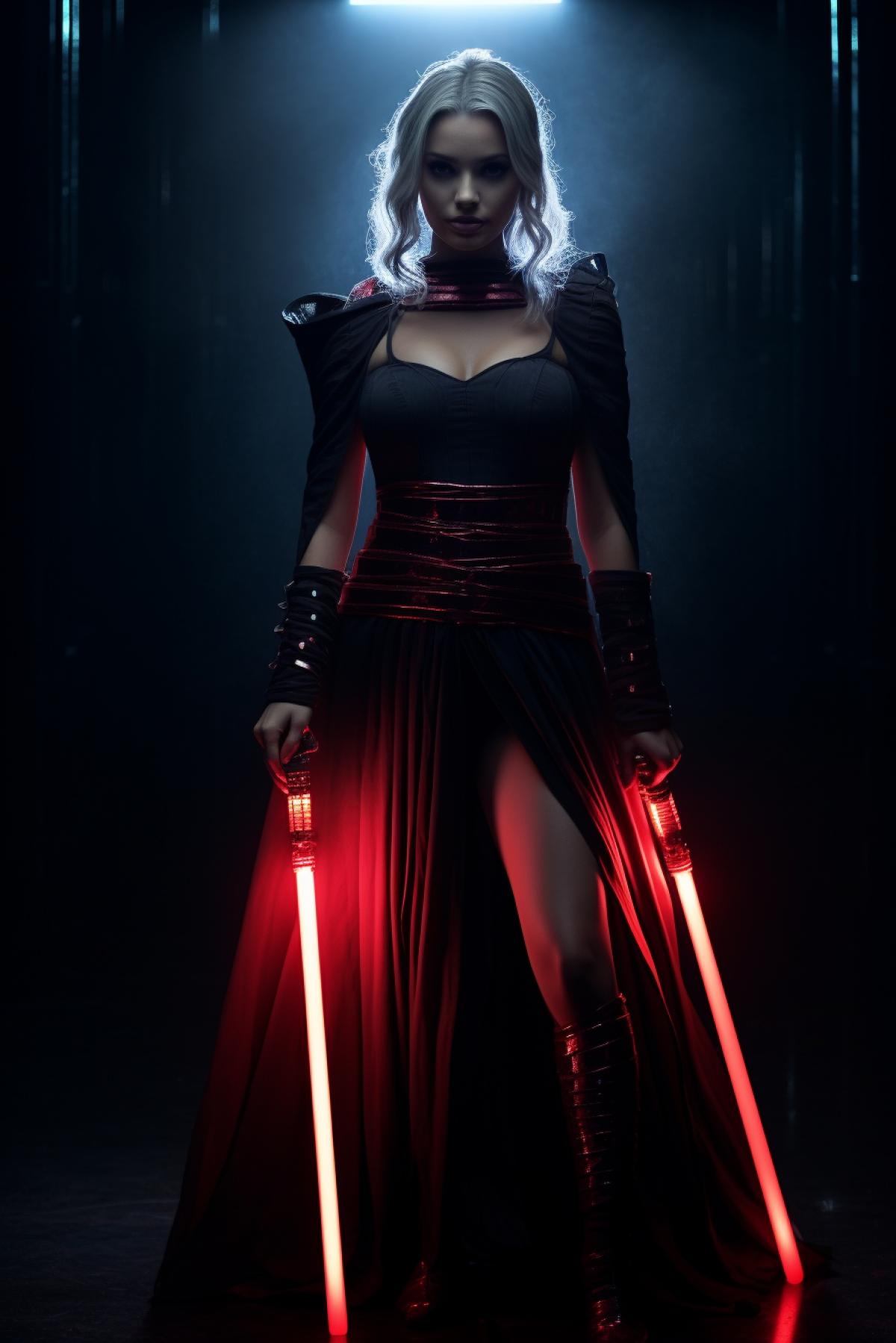 Gorgeous girl Jedi with light saber illuminated subcutaneous biomorphic ports, full height in epic 4k high heels dark cherry-scarlet, eye shadow, fashionable cyber-goth style photography, ethereal lighting