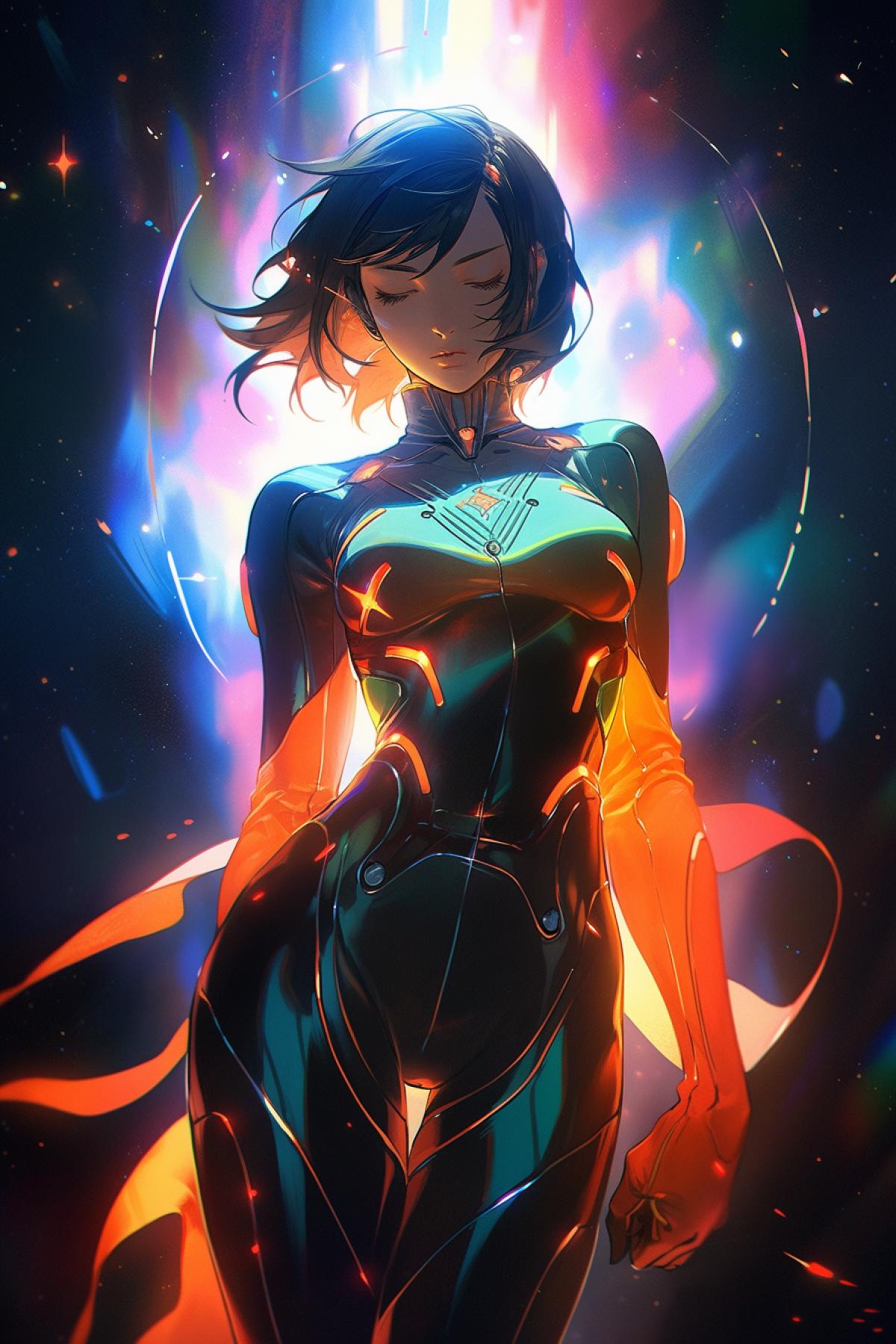 full body, anime, young woman, starship pilot, starship background, reflective surface, intricate, bright and vibrant colours, calmness, melancholic by wlop and artgerm, strong glow