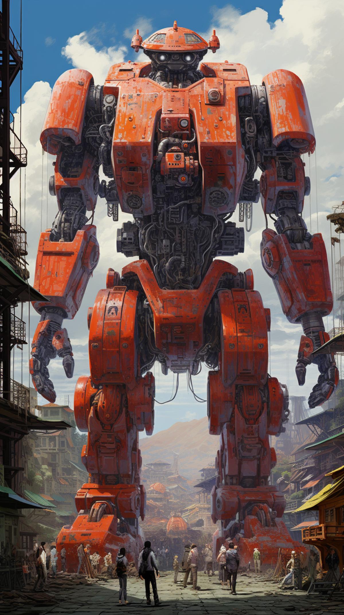 Giant robot under construction, Mecha, Sci-fi, Atmosphere, Spectacular details, Vibrant colors, Dramatic lighting, Epic com4k, Wide angle, Low angle, Close up, by Miyazaki, Nausicaa Ghibli