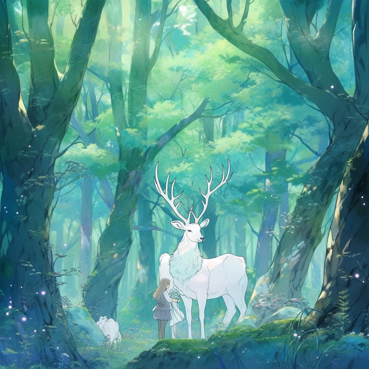An enchanting scene inspired by Hayao Miyazakis Studio Ghibli, where a whimsical forest is inhabited by forest spirits, magical creatures, and serene human characters. The soft, watercolor-style animation captures the ethereal beauty and serenity of the anime world.