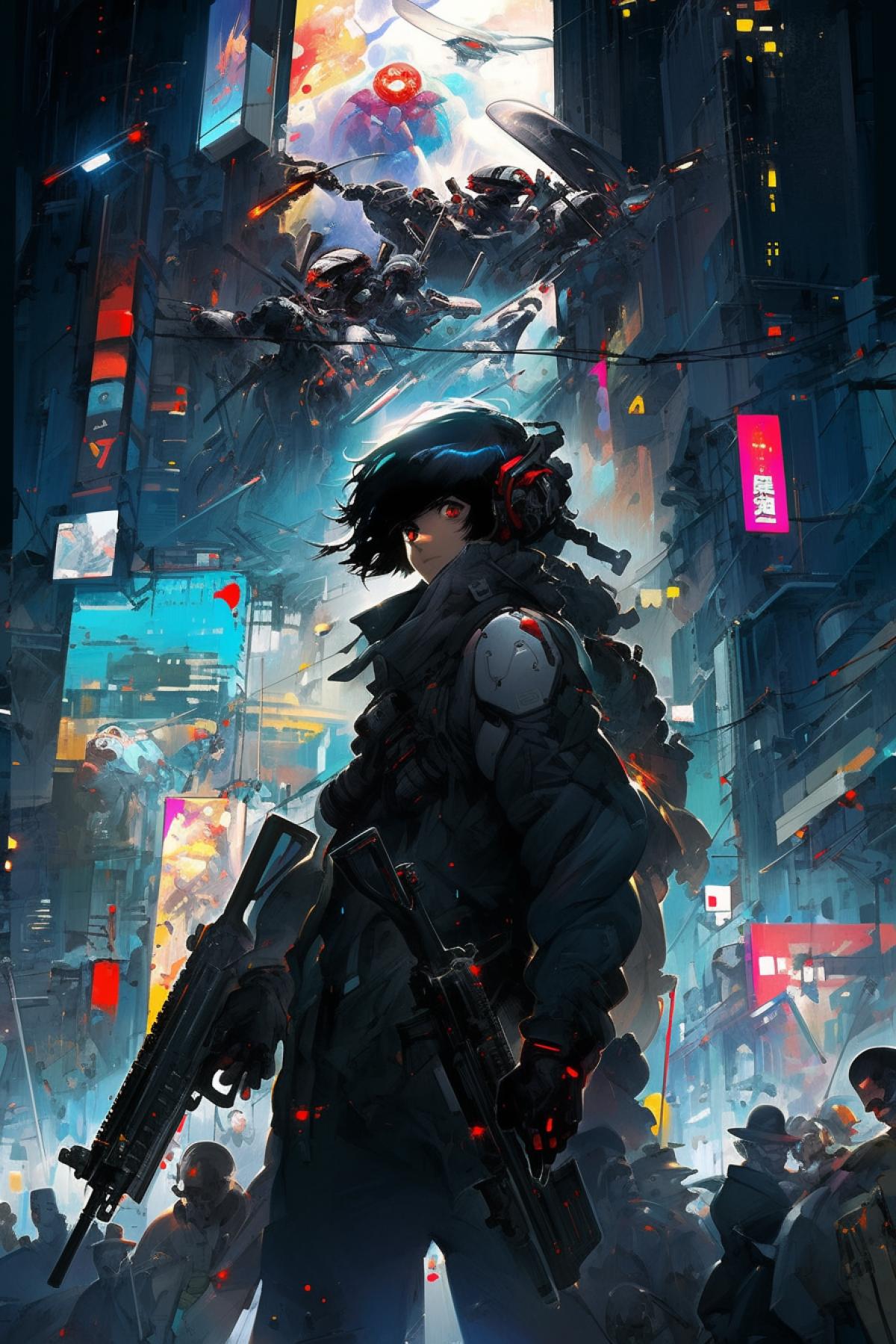 A high-octane action sequence reminiscent of Masamune Shirows Ghost in the Shell. Cyborg operatives navigate a futuristic cityscape filled with cyber-enhanced wonders and conspiracies. The detailed, cyberpunk art style brings the adrenaline-fueled world to life.