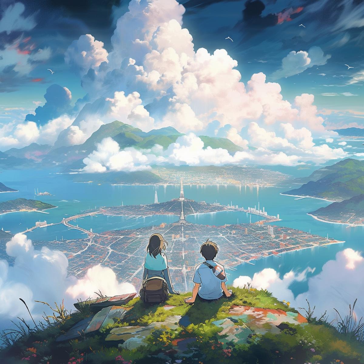 An elaborate, detailed panoramic landscape paying homage to Makoto Shinkais Your Name. Two characters, separated by time and space, reach out to each other across a picturesque, otherworldly background that transcends reality.