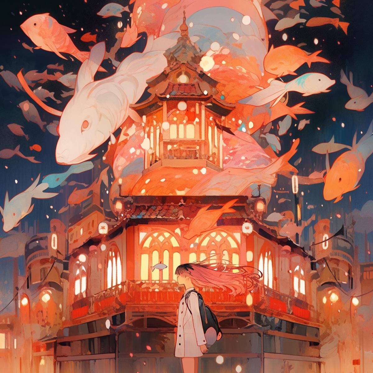 A dreamy, surreal representation inspired by Satoshi Kons Paprika. The boundaries between dreams and reality blur as fantastical and surreal elements mingle in a mind-, psychological anime world. The art style embraces the mind- qualities of the source material.