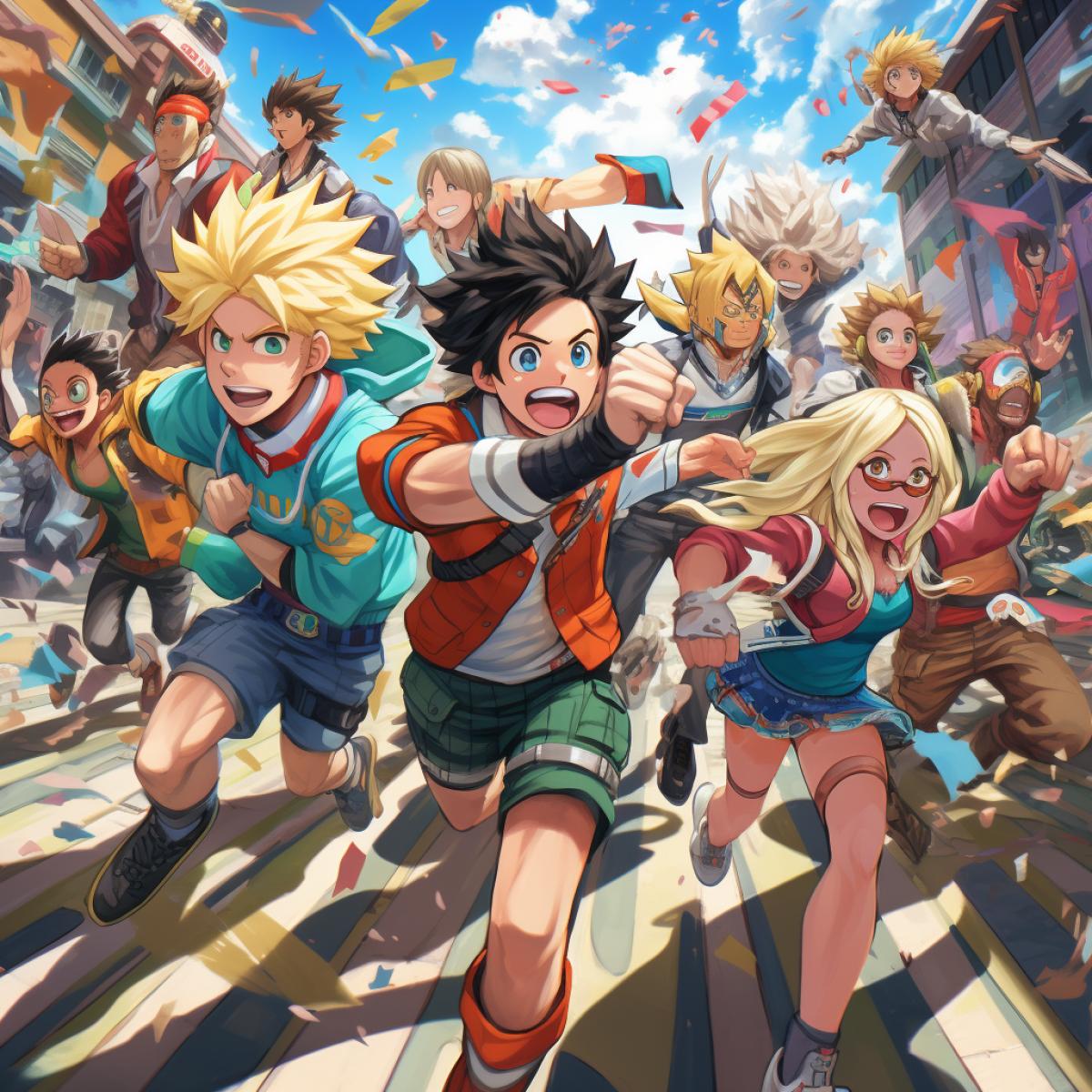 A colorful, high-energy scene inspired by Kohei Horikoshis My Hero Academia. Students of a superhero academy display their unique quirks in a friendly competition, the scene brimming with distinctive and diverse characters.