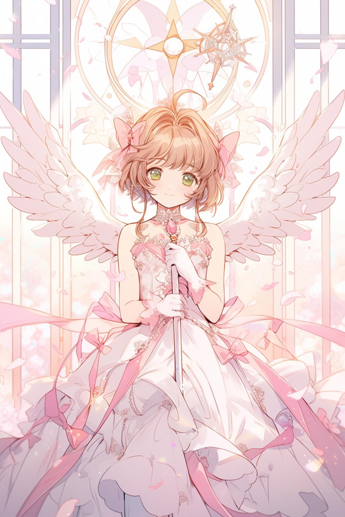 A magical realm inspired by CLAMPs Cardcaptor Sakura, where the protagonist, dressed in a beautiful, frilly outfit, captures enchanted cards amidst a swirl of pastel colors. The art style exudes a sense of magical wonder and innocence.