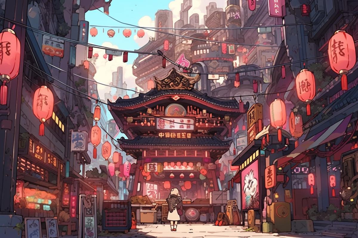 A cybernetic cityscape, reminiscent of Masashi Kishimotos Naruto. Ninja characters with flowing headbands traverse the urban landscape, displaying their unique abilities. The art style captures the energy and camaraderie of a ninja village in the midst of daily life.