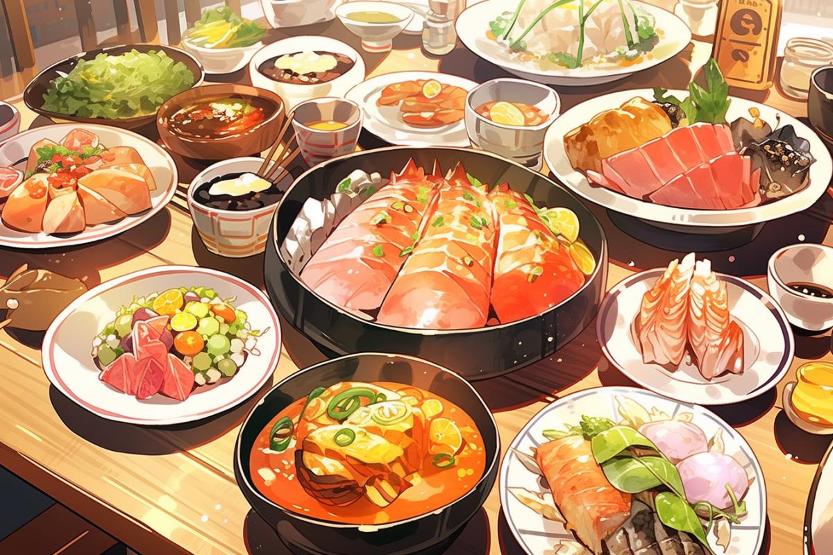 Delicious lunch, Japanese cuisine, lots of food