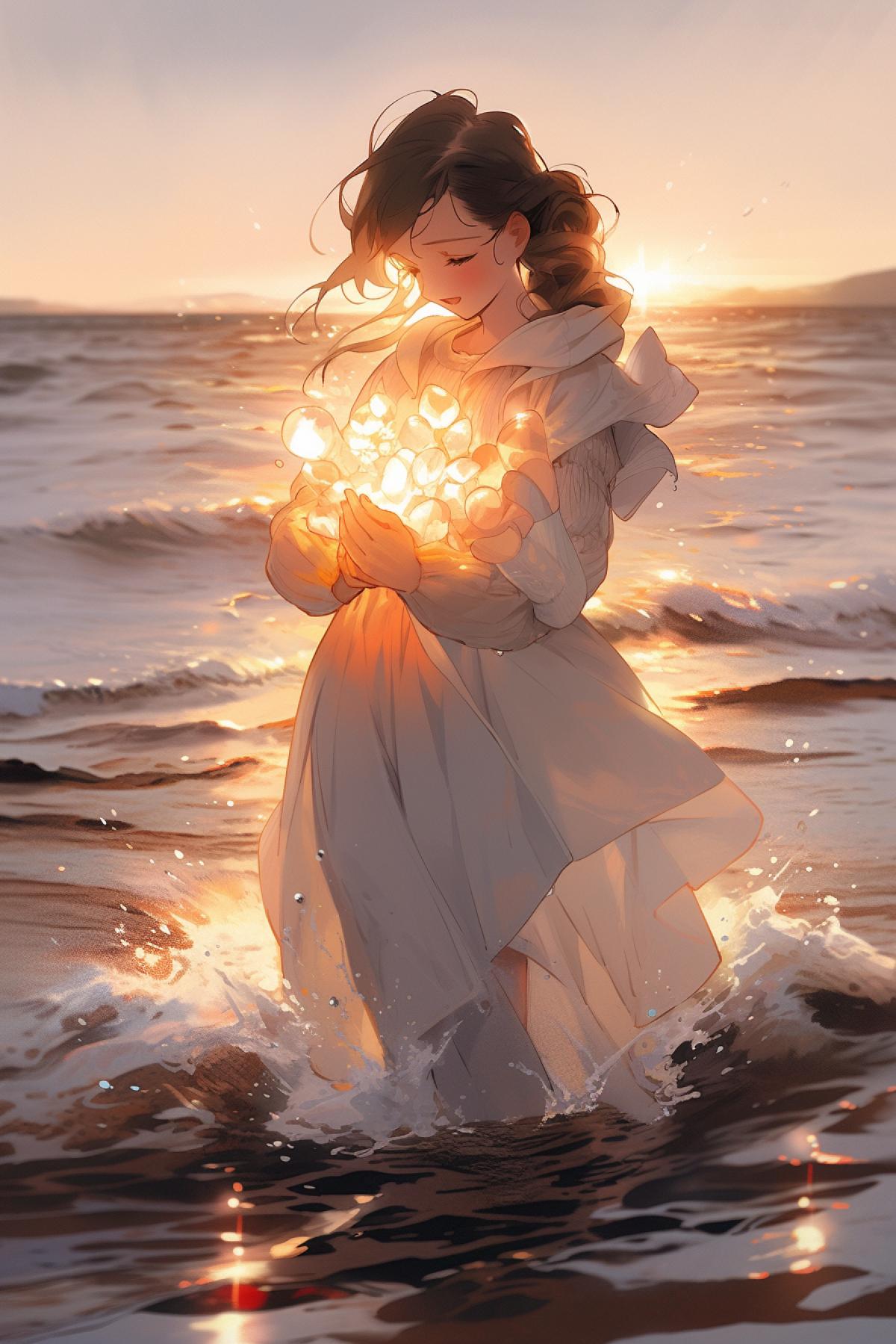 cute overweight girl, brown short hair, in a beach, big detailed, wisp waist, a flowing wet white dress, crying on the shore, pain face, her tears fall into the water sea, right hand clutches his heart in his detailed, winter Sunset, cinematic, realistic lense flare