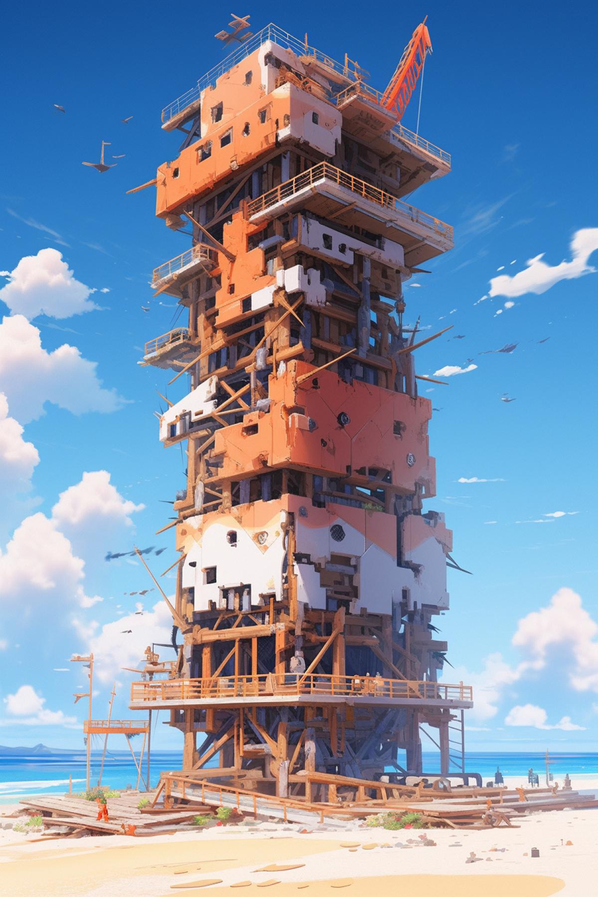 a tall wooden tower on a beach on a deserted island, in the style of precise, detailed architecture paintings, mecha anime, industrial-inspired, dark white and orange, i cant believe how beautiful this is, fragmented planes, sky-blue