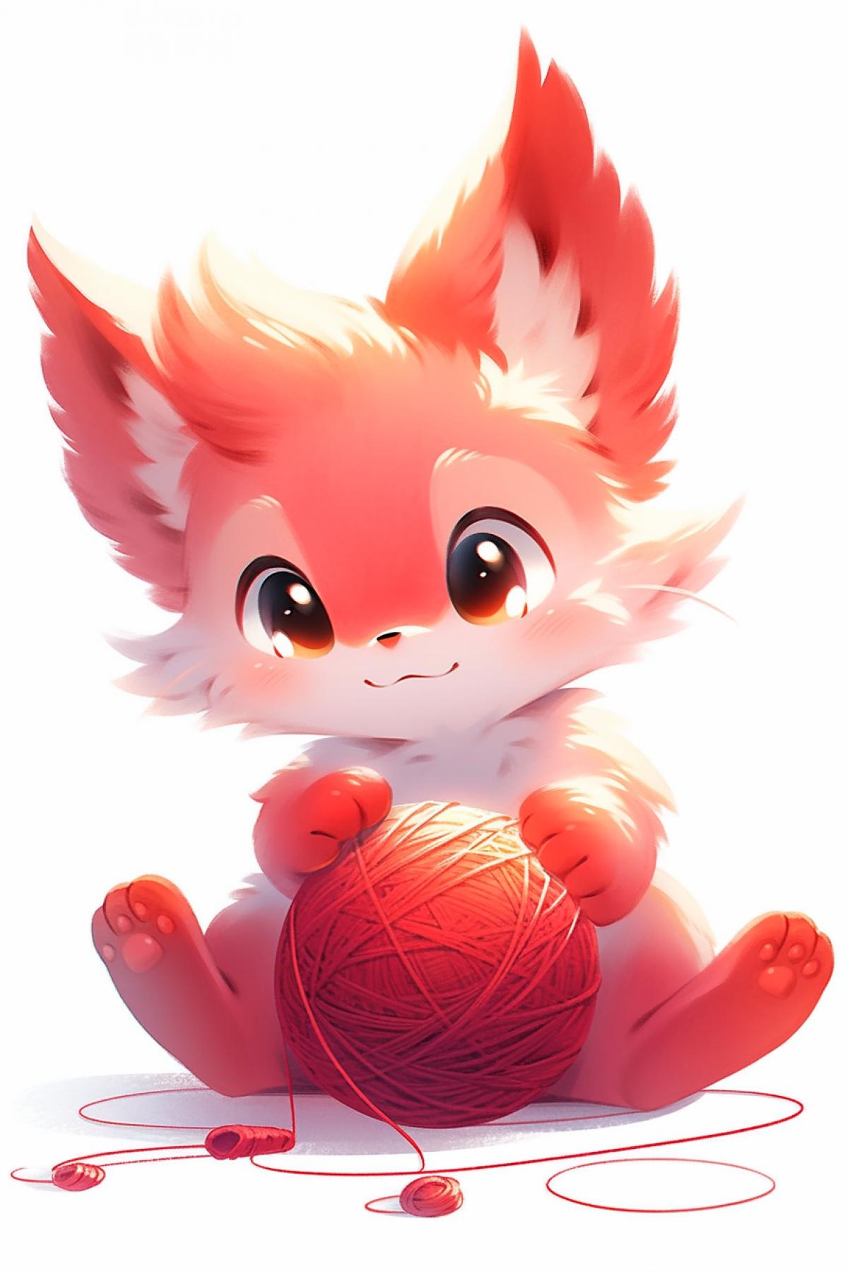 Cheerful red kitten plays with a ball of thread for anime knitting