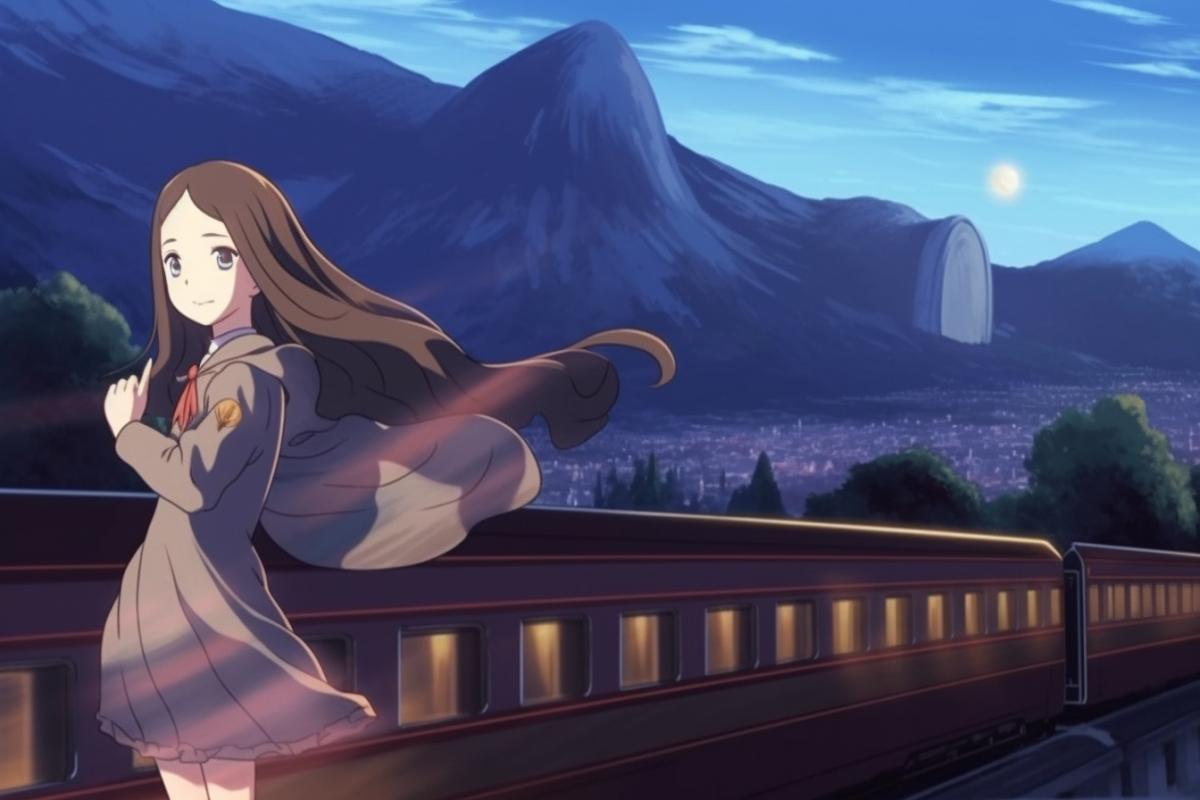 Da Vincis Mona Lisa rides on a Japanese high-speed train against the backdrop of Mount Fuji at night, night, stars, the wind flutters Mona Lisas hair, the only bright spot is the girls face, Miyazaki anime style