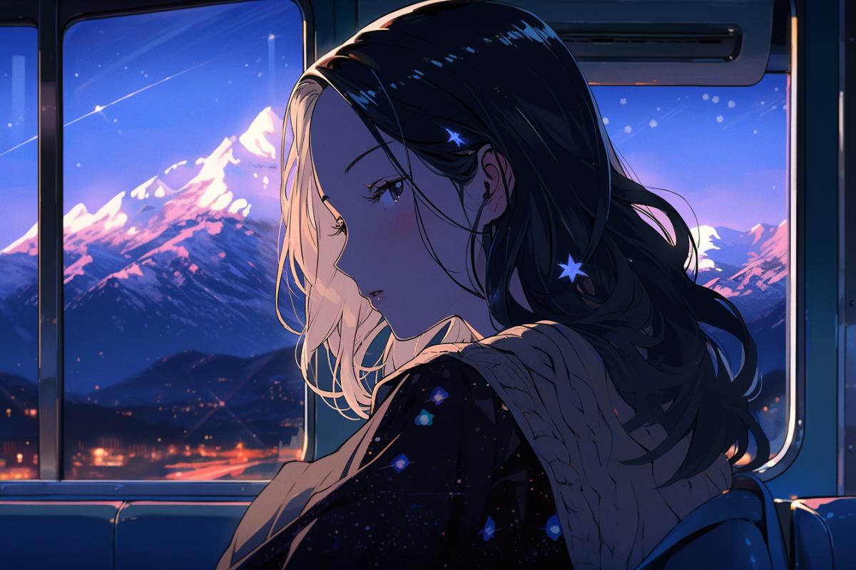 Da Vincis Mona Lisa sits by an open window in a high-speed Japanese train against the backdrop of Mount Fuji at night, night, stars, the wind flutters Mona Lisas hair, the only bright spot is the girls face, Miyazaki anime style