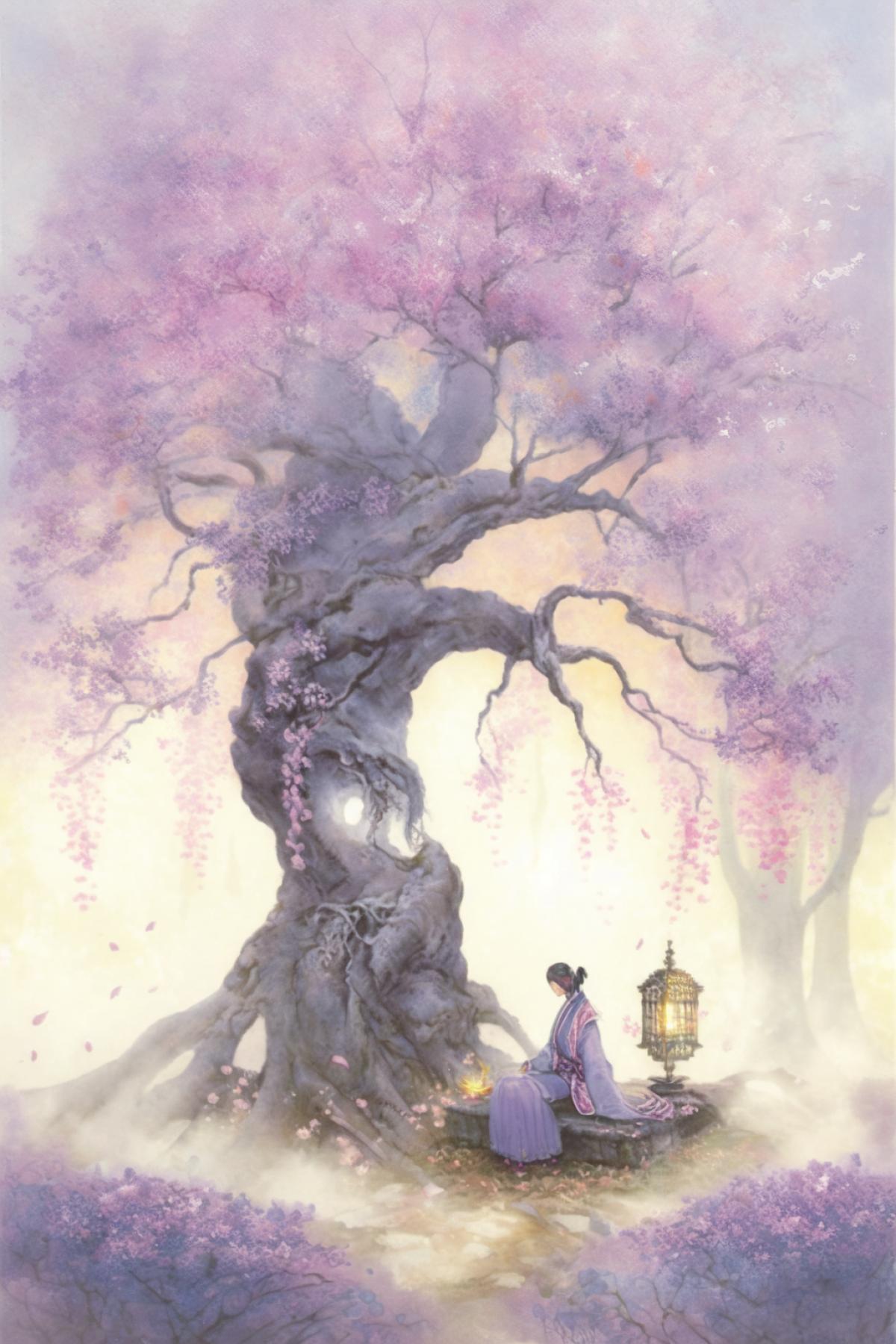a small girl is sitting next to a tree and smoke is coming from the tree, in the style of japanese-inspired imagery, light violet and light gold, flowing brushwork, reimagined religious art, enchanting realms, stephen shortridge, delicate flowers s 50