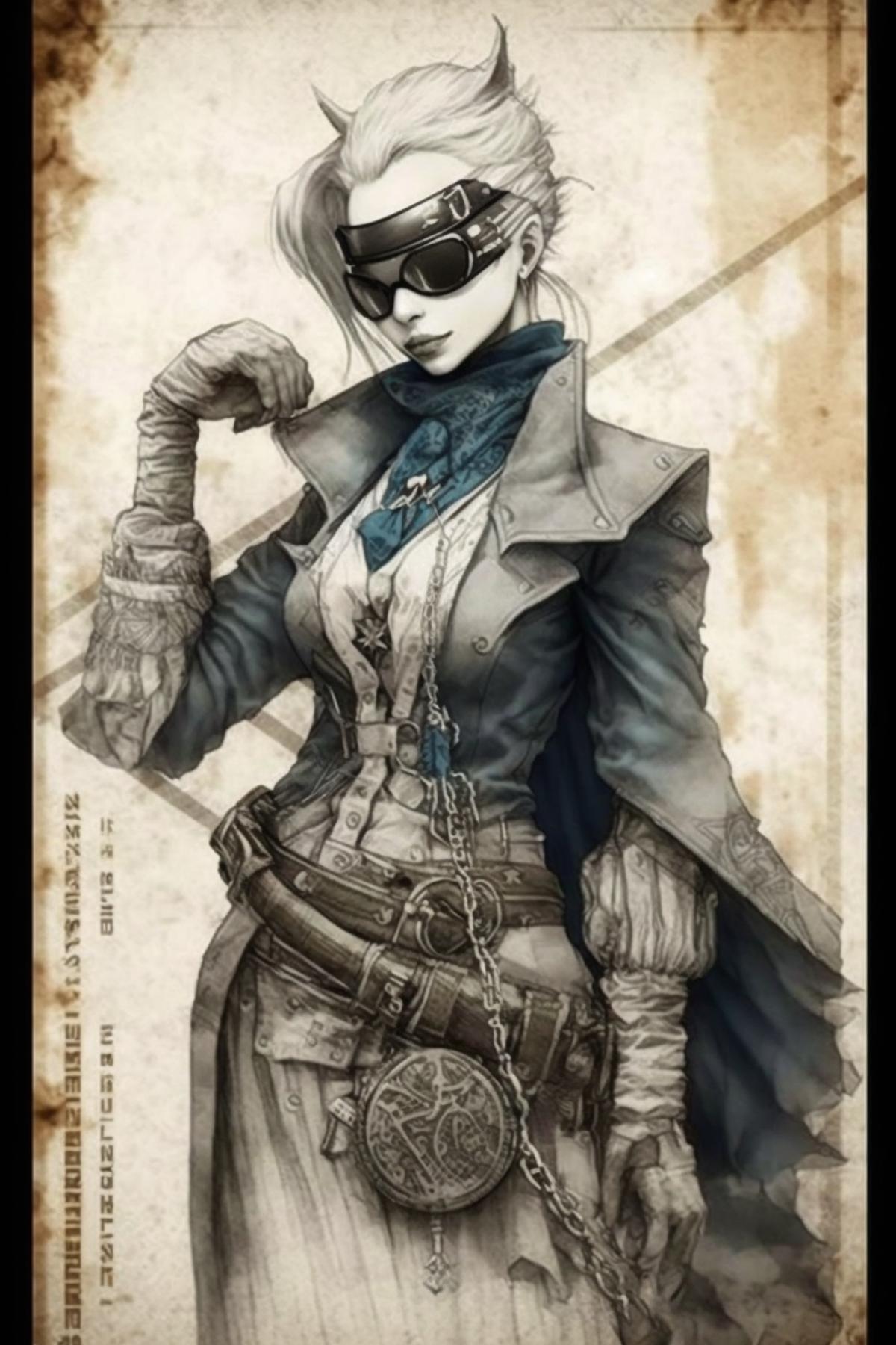 blindfolded justice, dark and white anime style, fantasy realism, monotone trace, realistic use of light and color, stencil, pencil steampunk, elegant realism, style raw