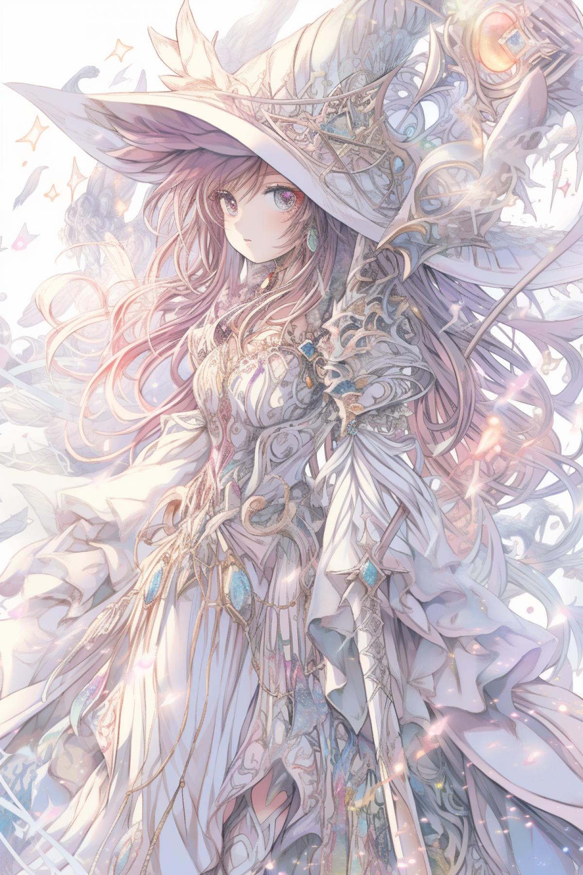 full shot, young woman mage, realistic anime pencil drawing, dynamic 4k, pastel colors, a lot of details, beautiful and detailed eyes, intricate, anime style