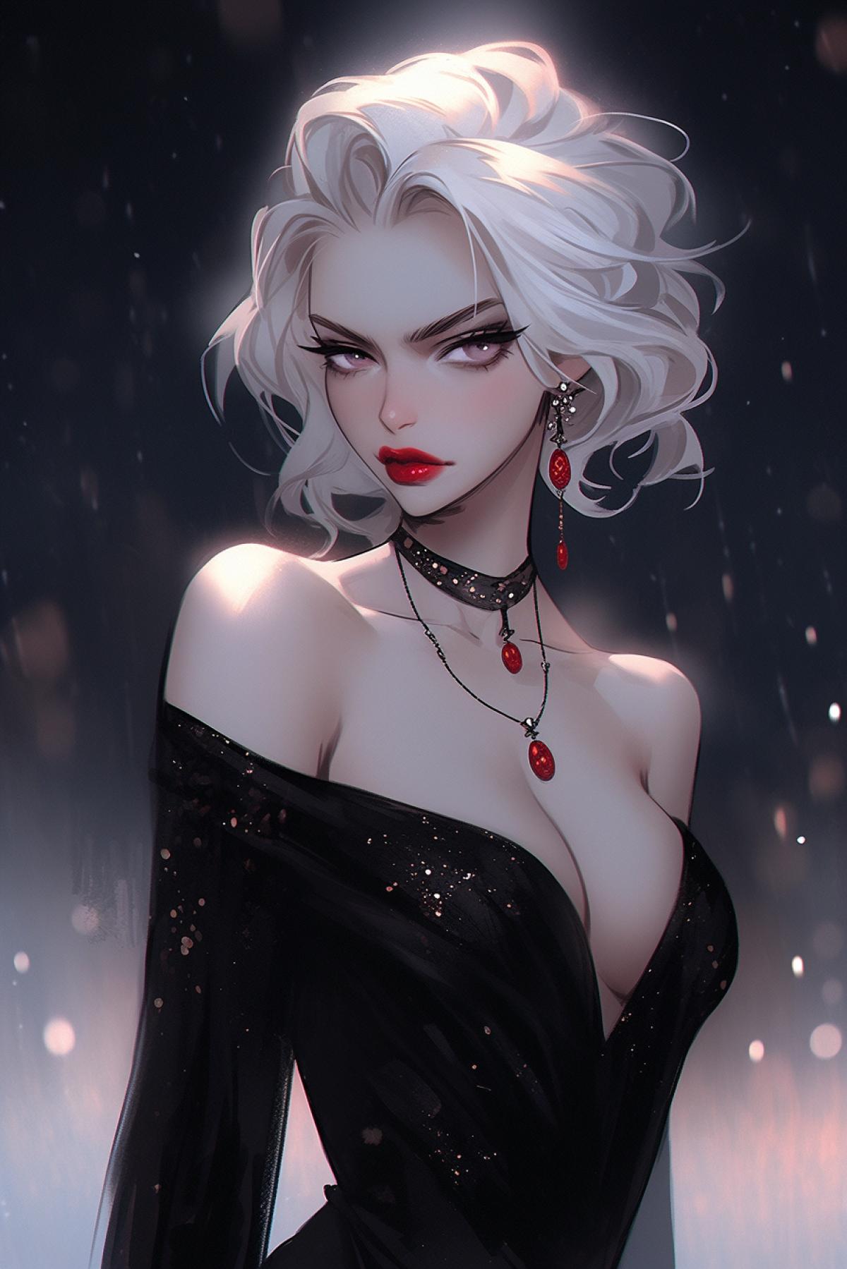 modern, White Hair, dress, dark, vampirecore, pale skin, ruby lips, portrait, plunging neckline. Vampiress. Curvaceous supermodel physique. Desire. Anger. Dramatic Lighting. Night sky in background. Closeup. Anime style, chaos 35 stylize 750