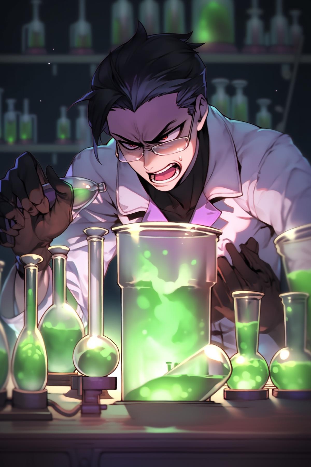 An angry chemist is doing chemicals in a laboratory with colored flasks 👨🏻‍🔬🧙‍♂️