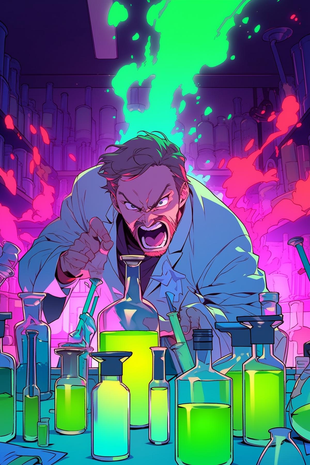 An angry chemist is doing chemicals in a laboratory with colored flasks 👨🏻‍🔬🧙‍♂️