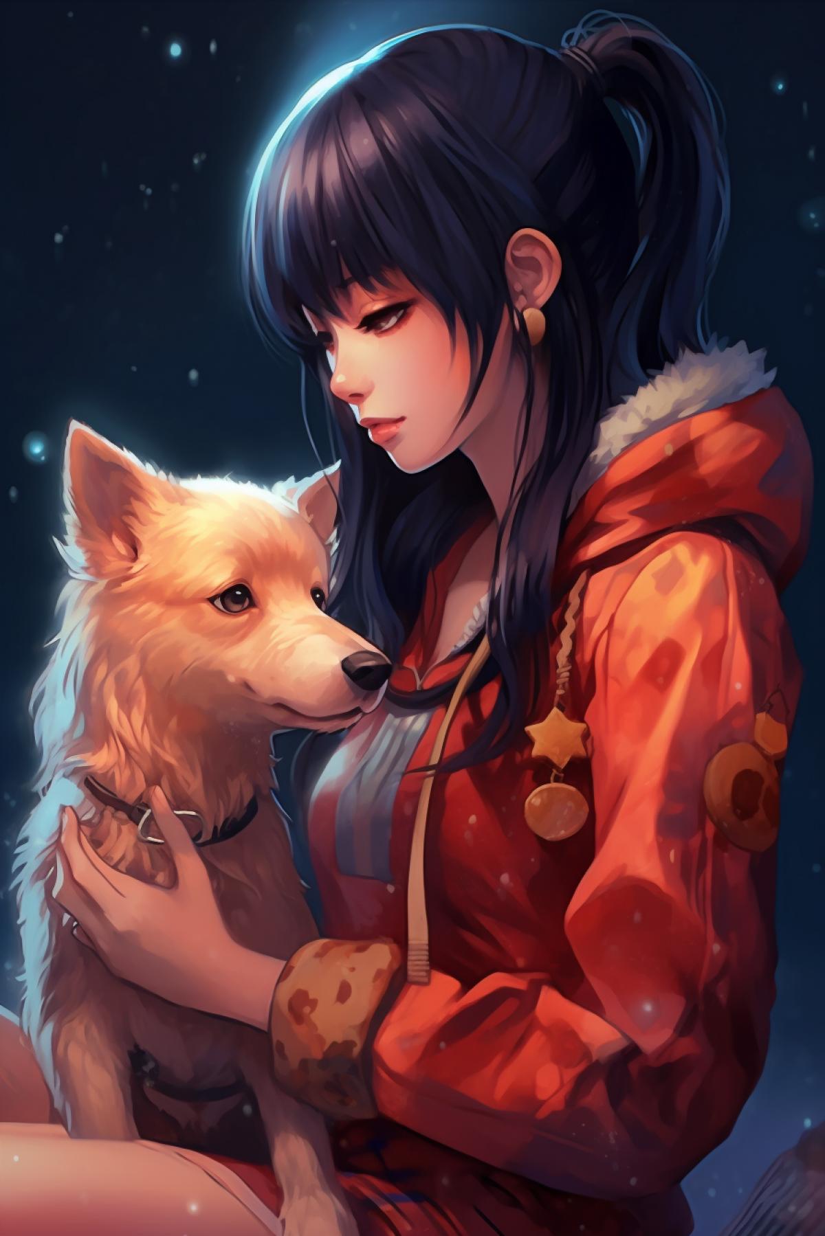 Anime girl petting an anime dog