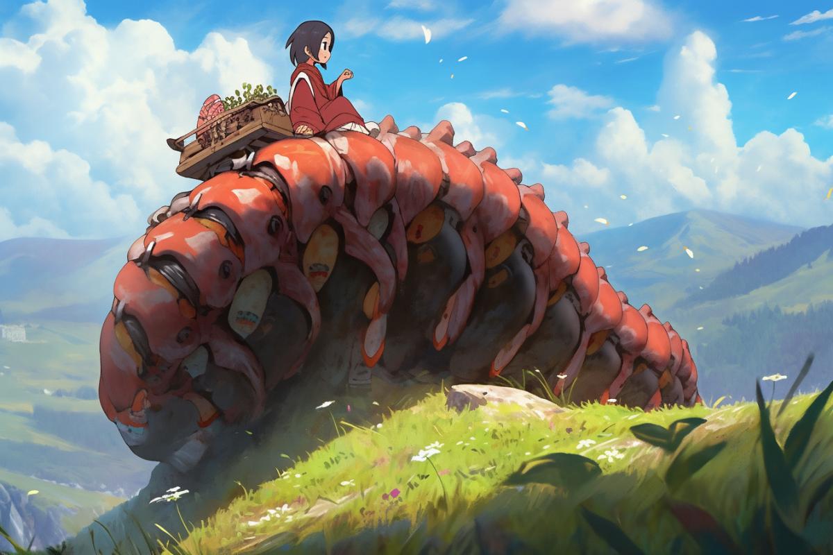 Valley at bottom of Fuji, a Japanese girl rides a Caterpillar in the style of Zdzislaw Beksinski, Hayao Miyazaki anime style