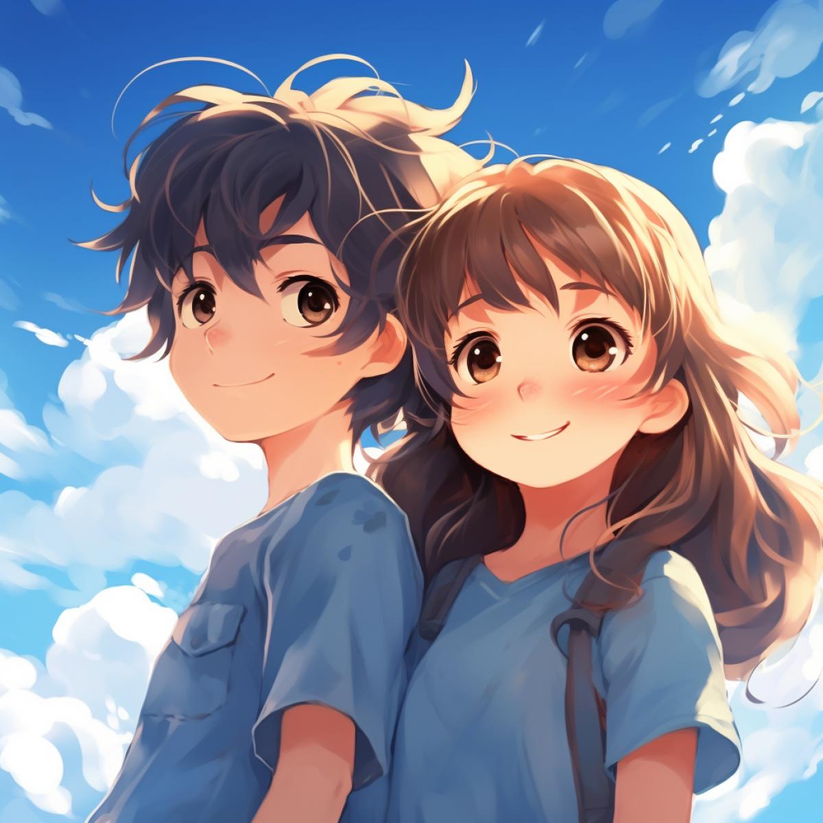 boy, girls, kawaii, sky light blue, dark blue background, sunny background