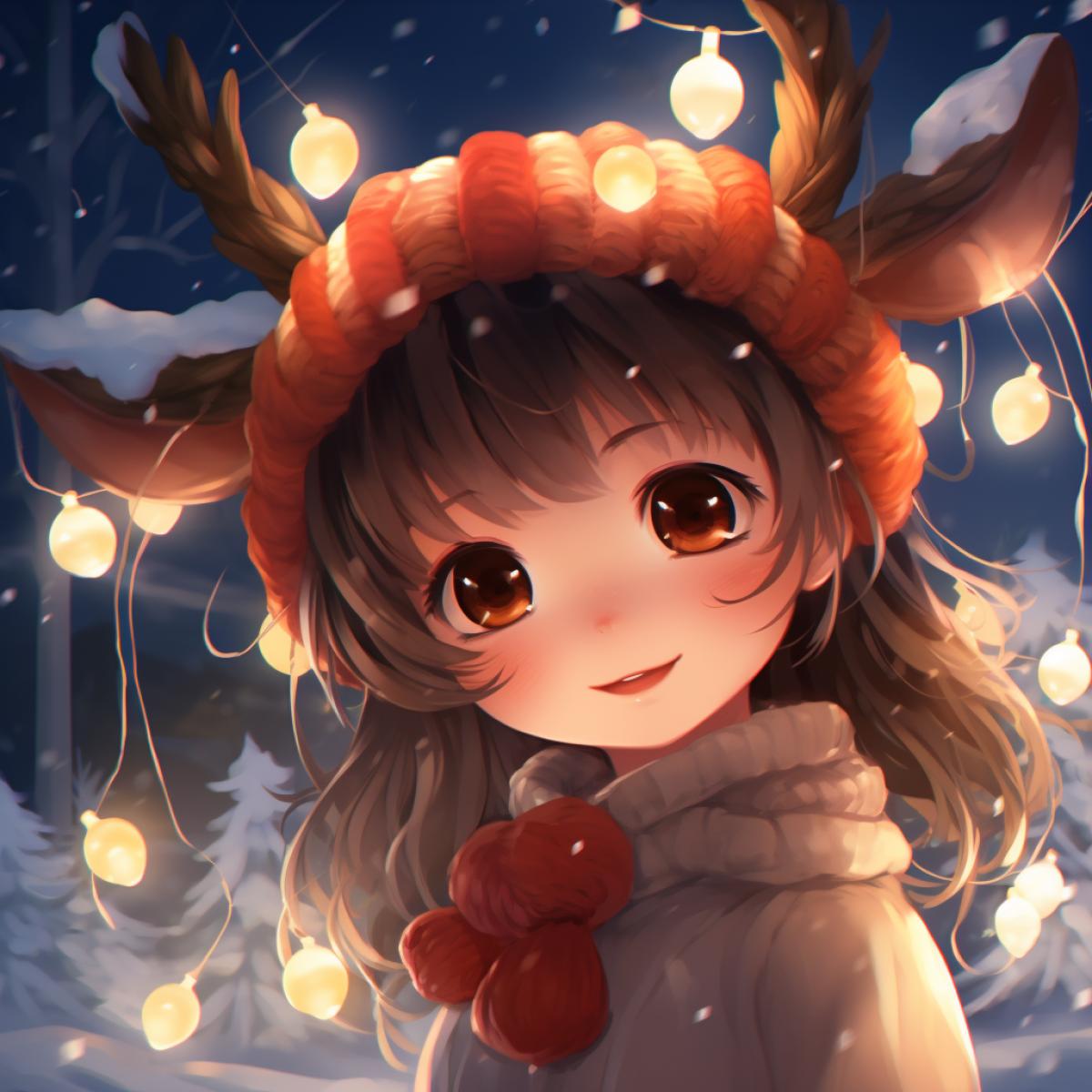 Adorable Reindeer and christmas lights anime style