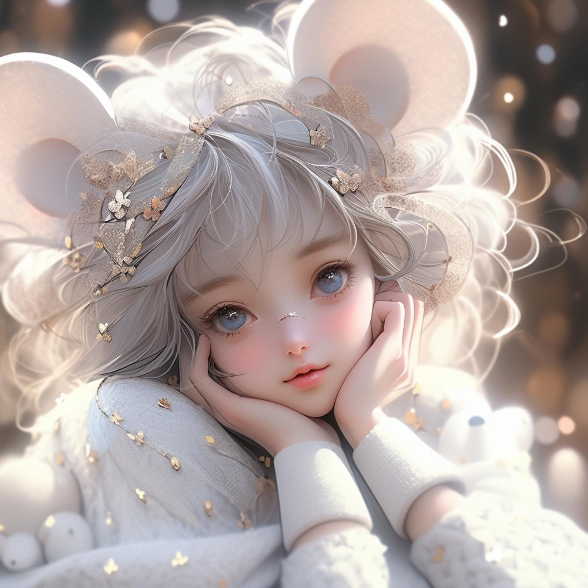 White mouse and anime girl face, hyper realistic anime illustration style, white gold color, trompe loeil detail, rendered in cinema4d, charming character illustration, dreamlike installation, dark background, minimal color animation