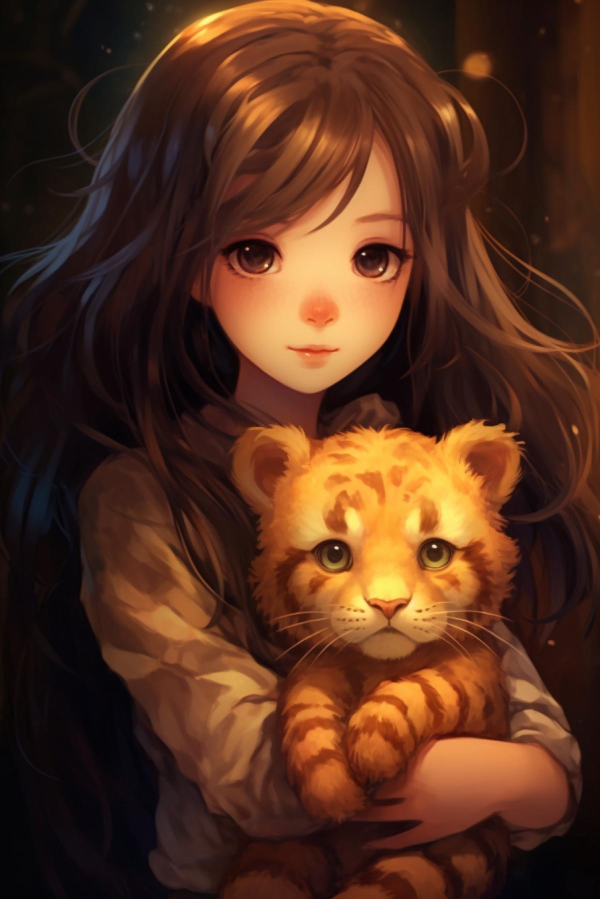 A girl with long, flowing hair holds a Little Tiger Cub in her hands in anime style.