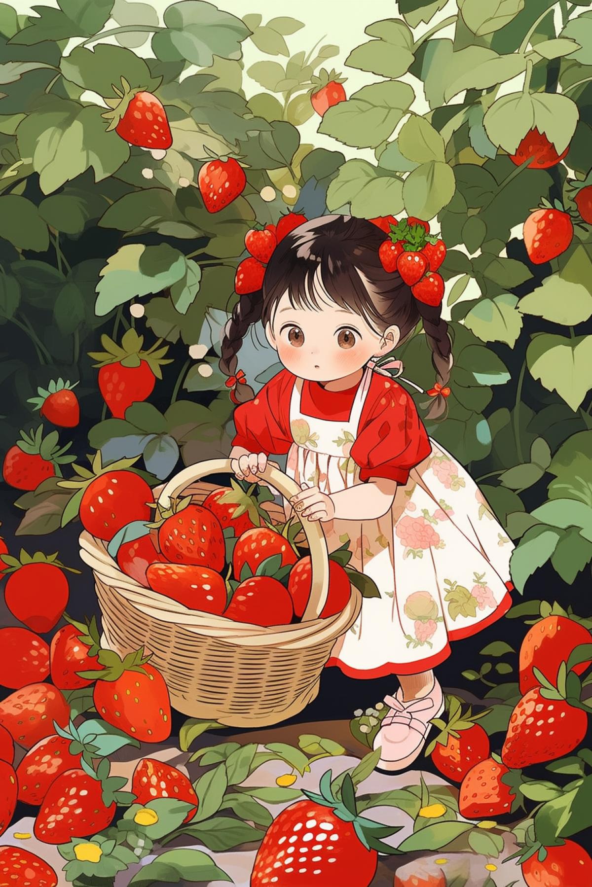 A cute and playful little girl with pigtails, wearing a yellow dress and holding a basket of strawberries, skipping happily through a strawberry field. The background is filled with a variety of fruits, emphasizing the sweetness and joy of the character. The style is Popmart-inspired, with vibrant colors and extreme details, and high-quality HD
