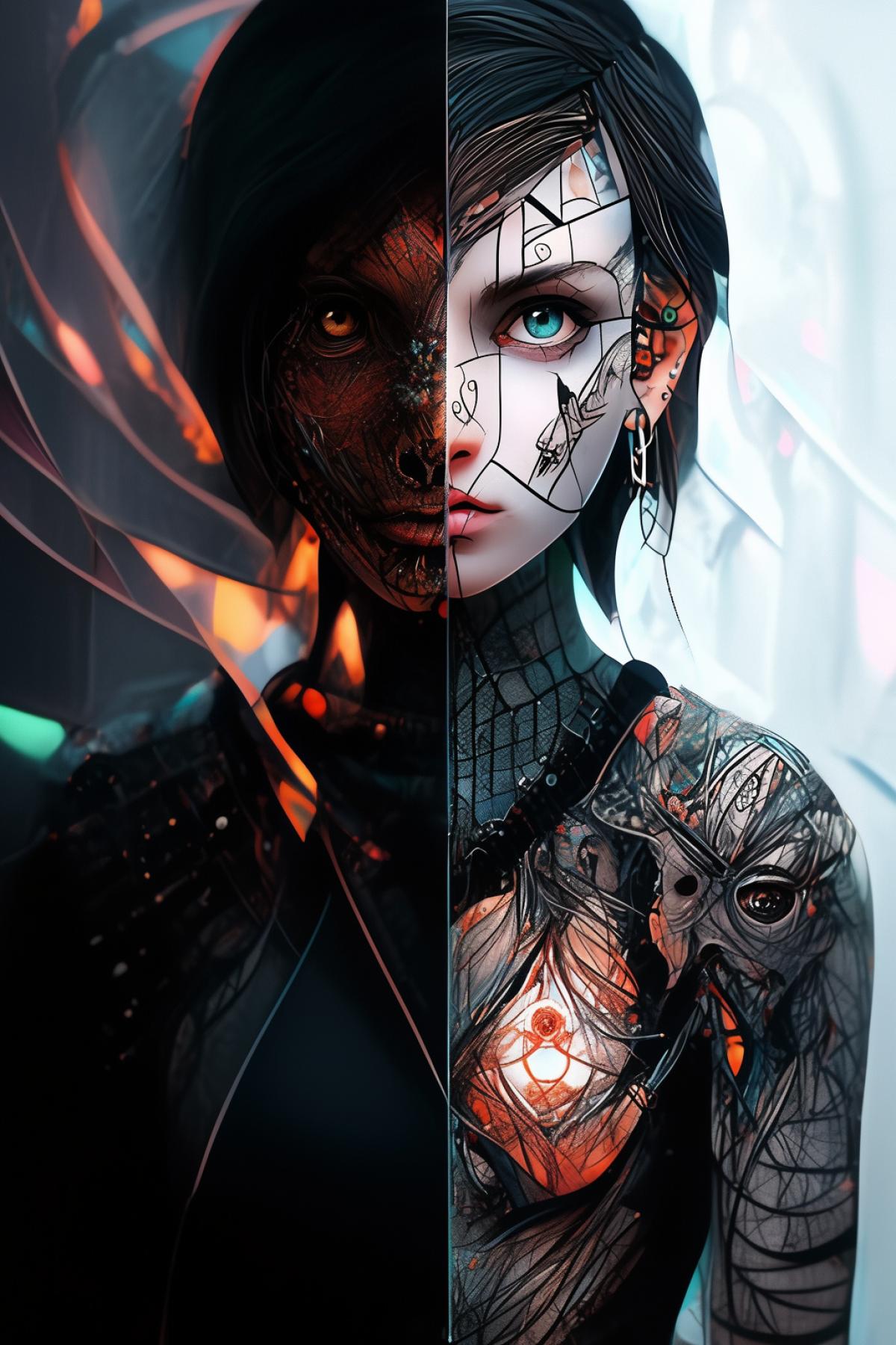 woman with tattoos on her face and in a leather suit, parallel dimension, mirror, flickering, psychedelic, photography