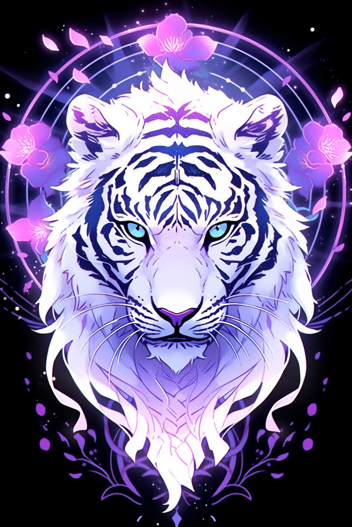 white mystical tiger, mandala, purple, white neon, anime style