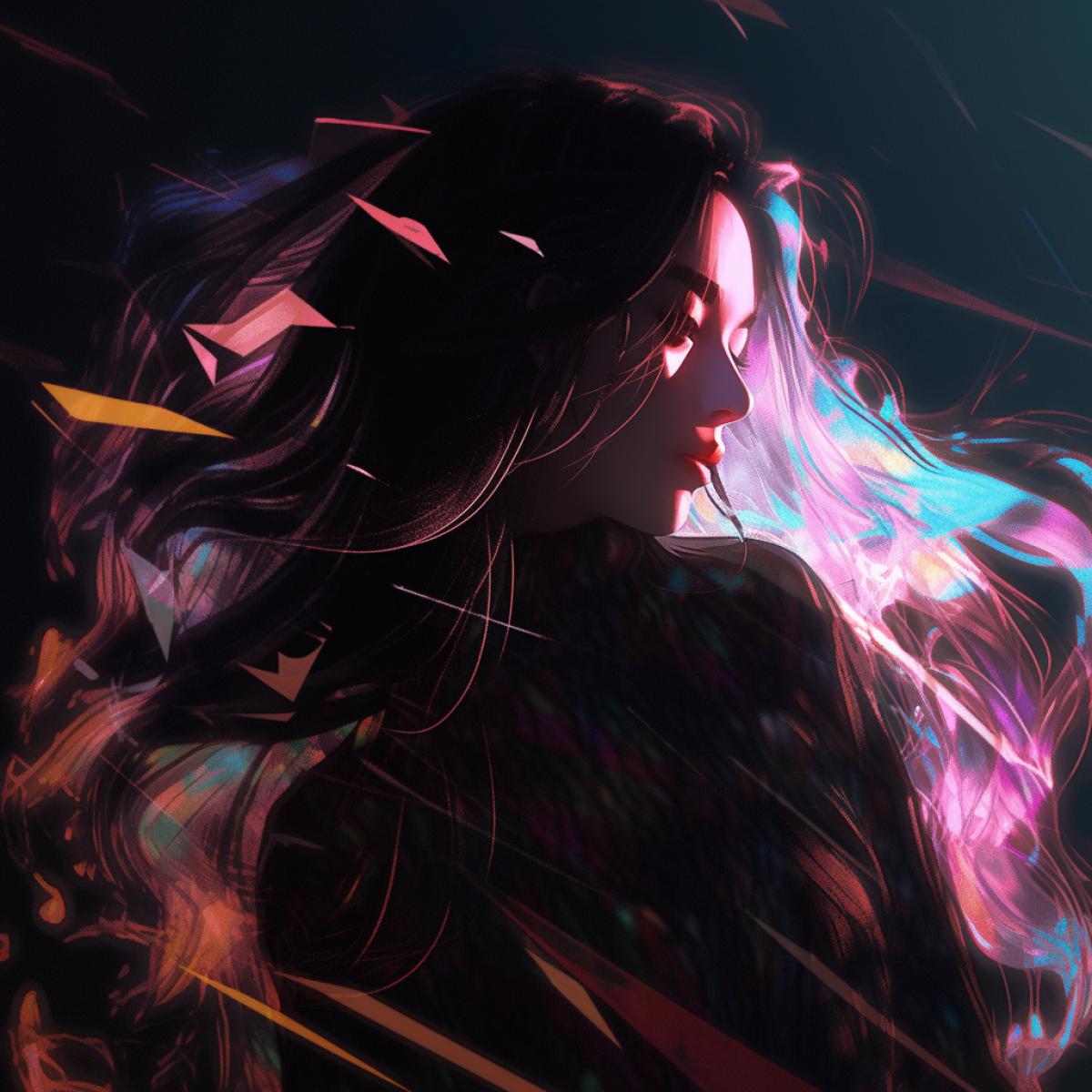 a beautiful girl with long hair fights with a shadow. parallel dimension, flickering, psychedelic, photography