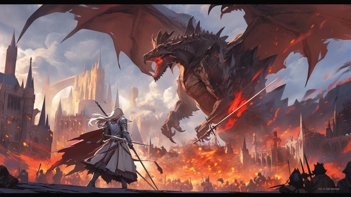 A fight between two anime characters. The first = this is a Valkyrie girl in a white robe with a two-handed sword. The second is an orc in heavy dark armor with two axes in his hands. In the background is a burning castle on the highest spire of which sits a red dragon. In front of the castle there is a battle between people, orcs, and aasimar. Flashes of spells and explosions from bombs can be seen everywhere. An army of dwarves riding on boars is approaching from the mountains.