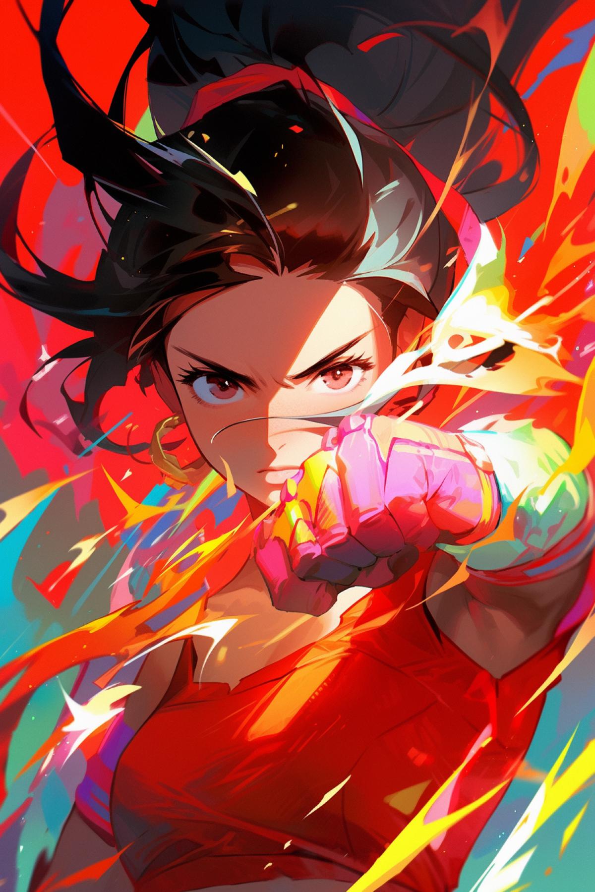 luxury female character of a fighting game delivers a signature blow, her face expresses audacity and self-confidence, colorful dynamics, action scene, dynamics in perspective