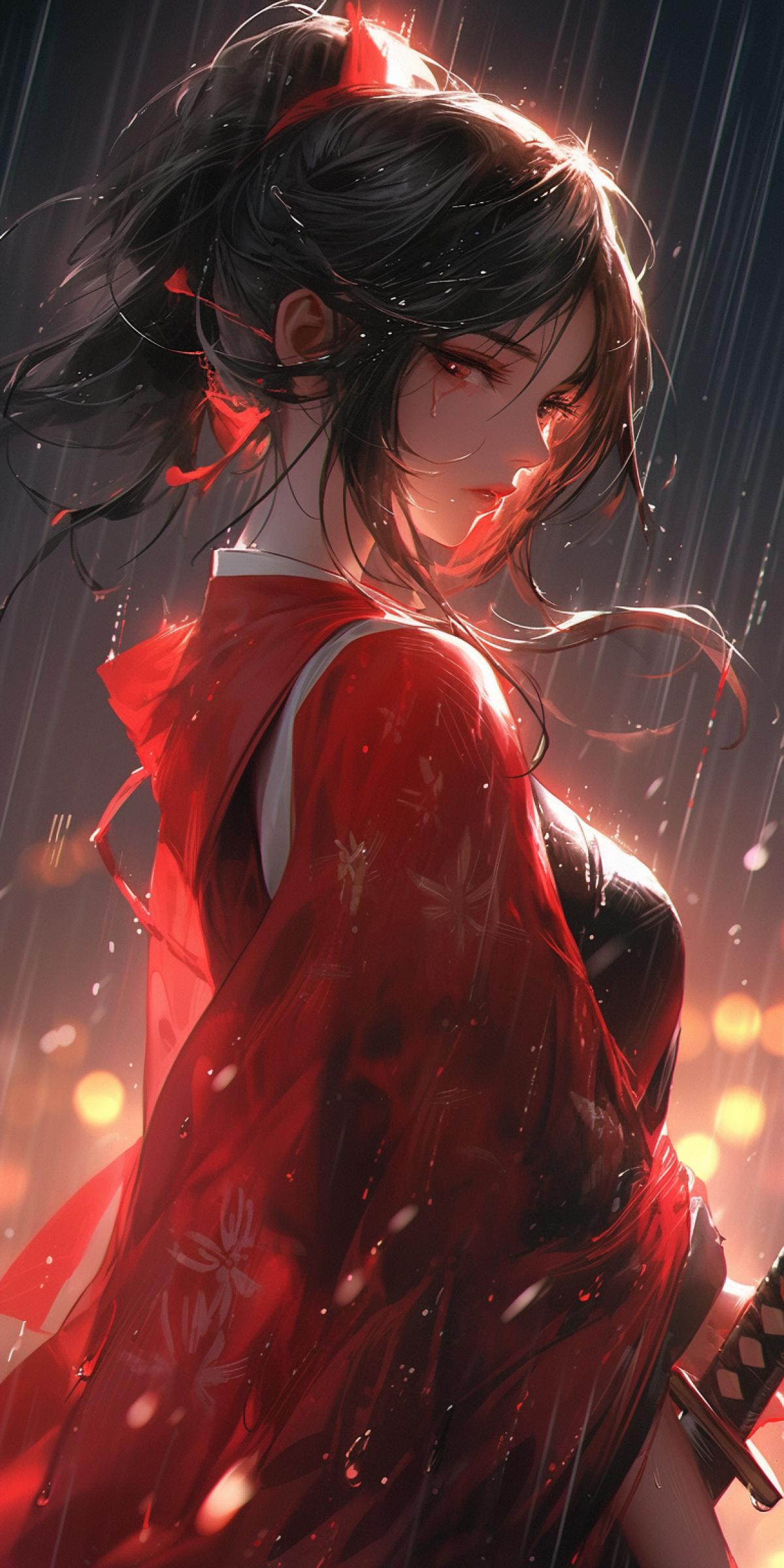 Girl the air with katana, big beautiful expressive eyes, full body, hair fluttering in the wind, background rain and wind, glitter and glare from water droplets, anime style