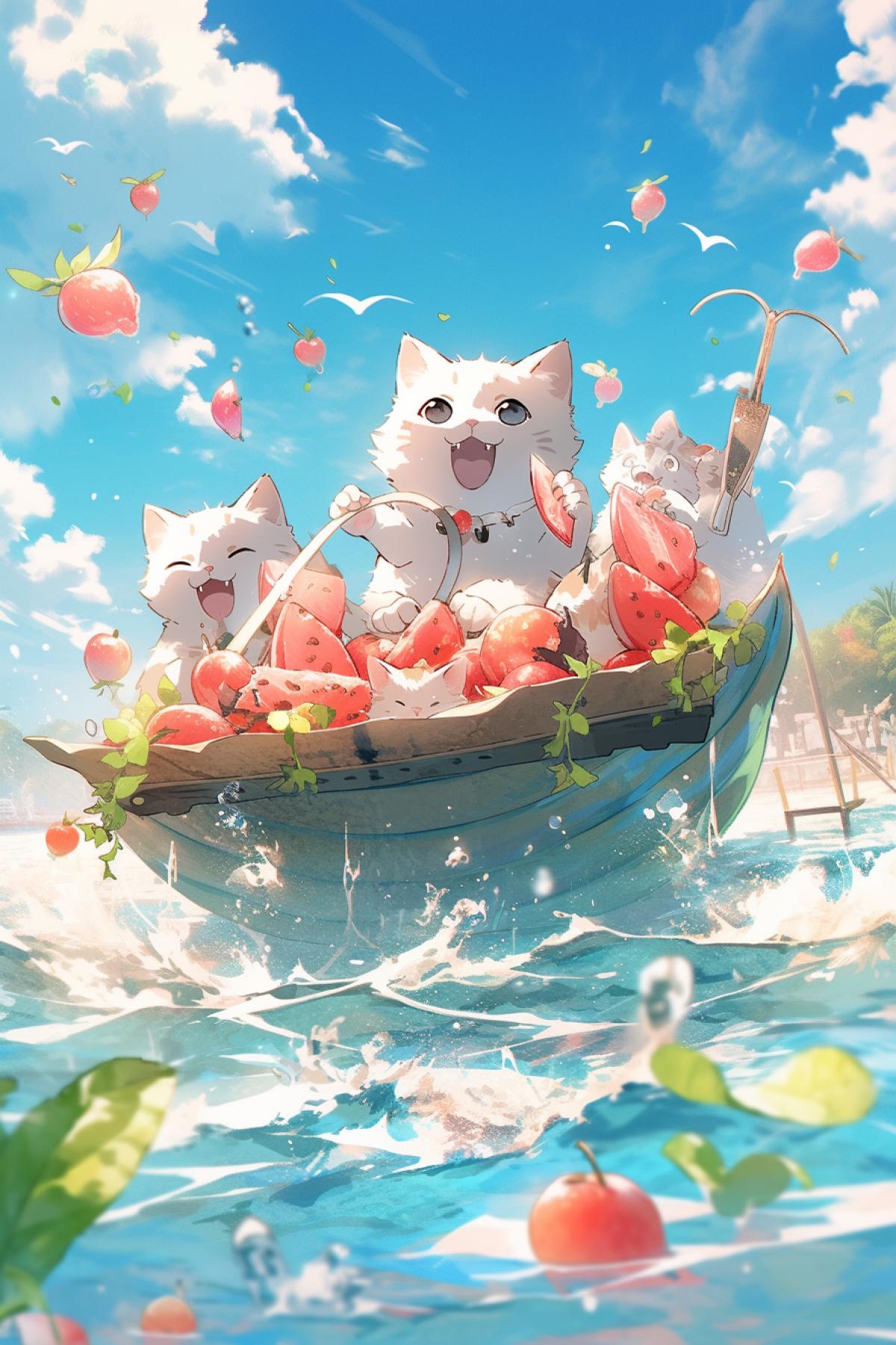 Kittens catch fish and watermelon on the sea