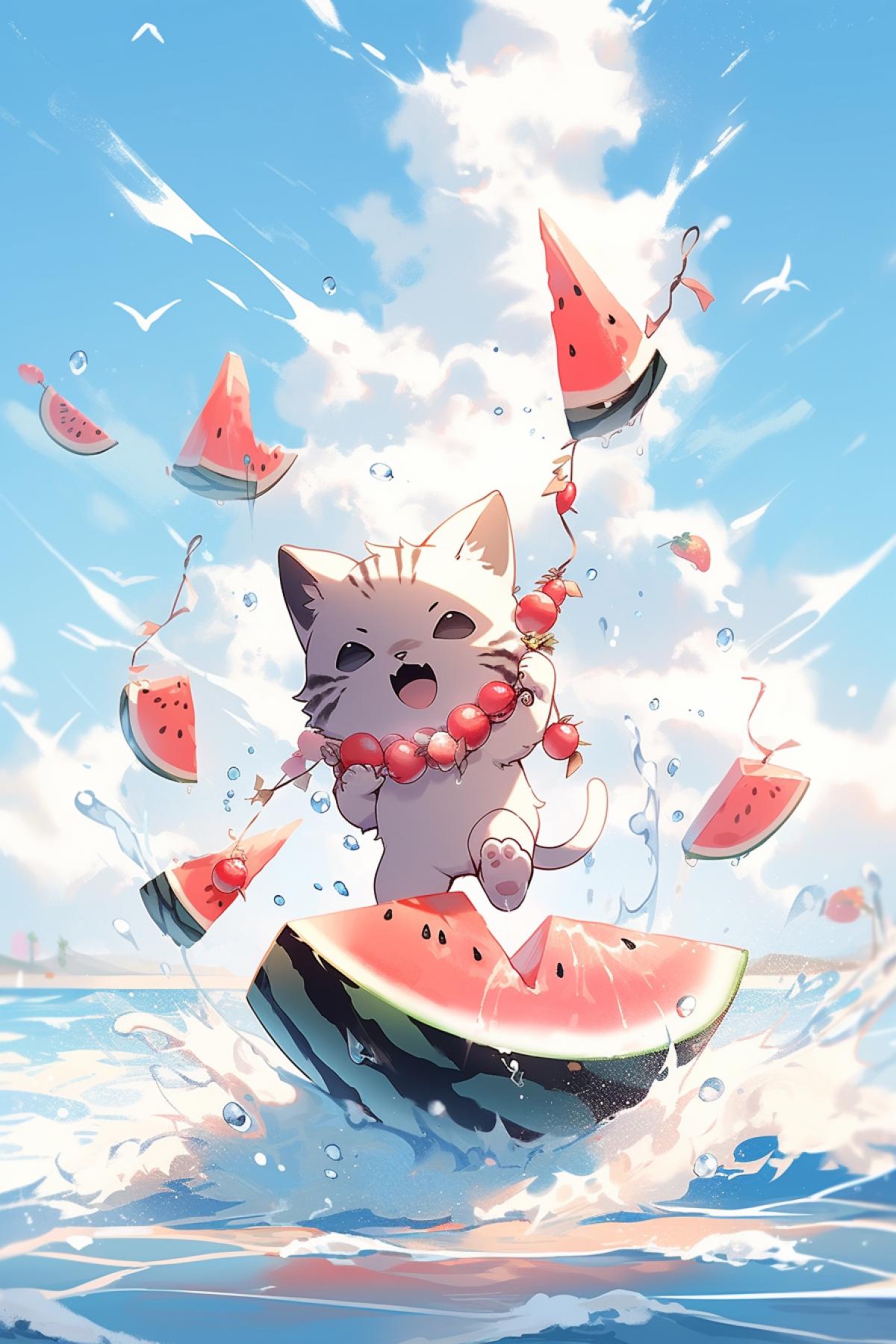 Kittens catch fish and watermelon on the sea