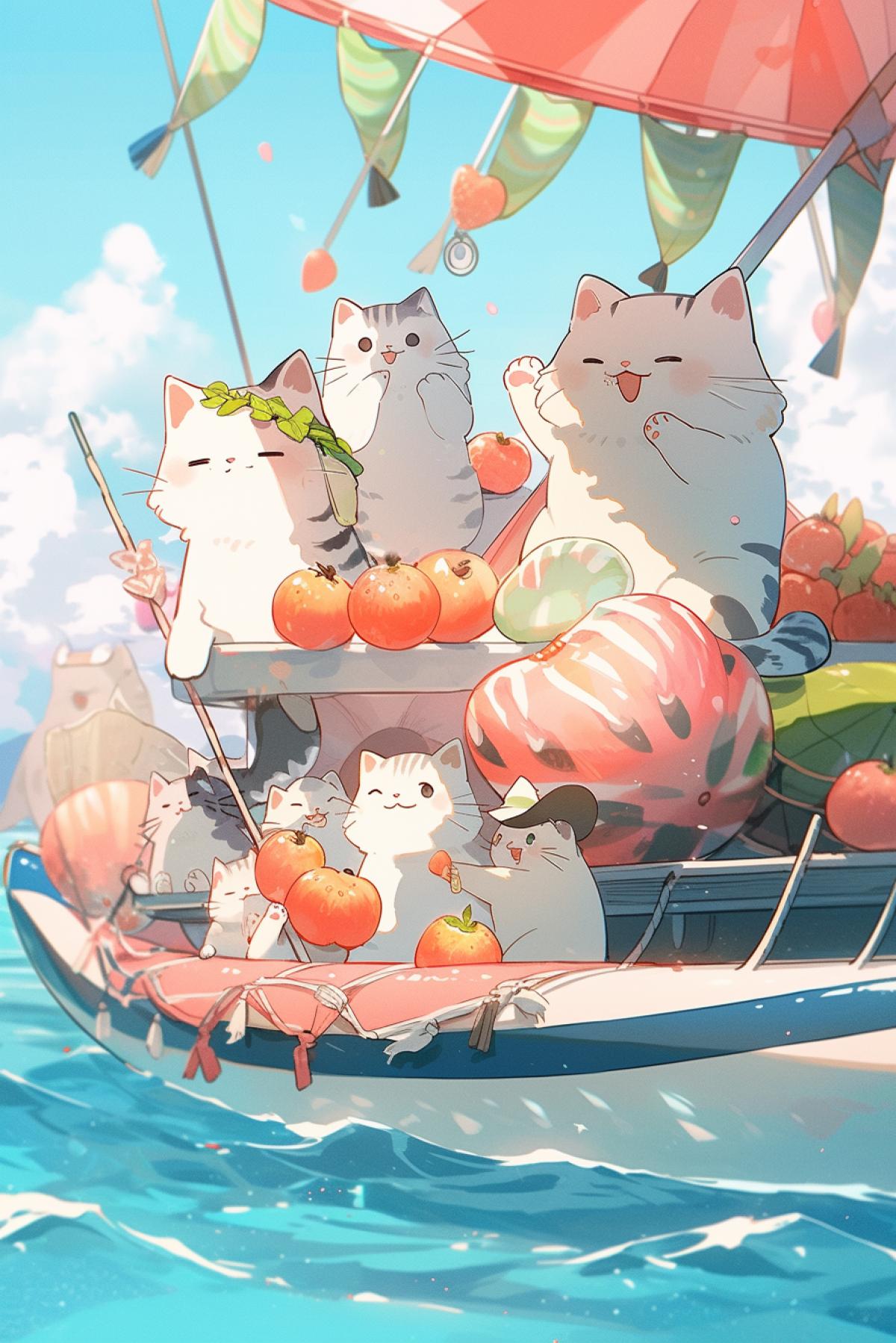 Kittens catch fish and watermelon on the sea